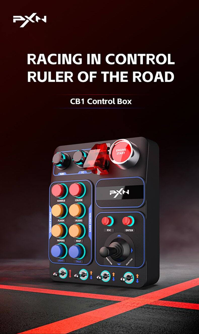 PXN Racing in Control Ruler of the Road  
CB1 Control Box  
Engine Start  
ABS  
TC  
Kandle  
Cruise  
PXN Vehicle Control  
Flash  
Audio Control  
Game  
ESC  
Enter  
Wipers  
Map  
Light  
I Talk  
Direction Selection