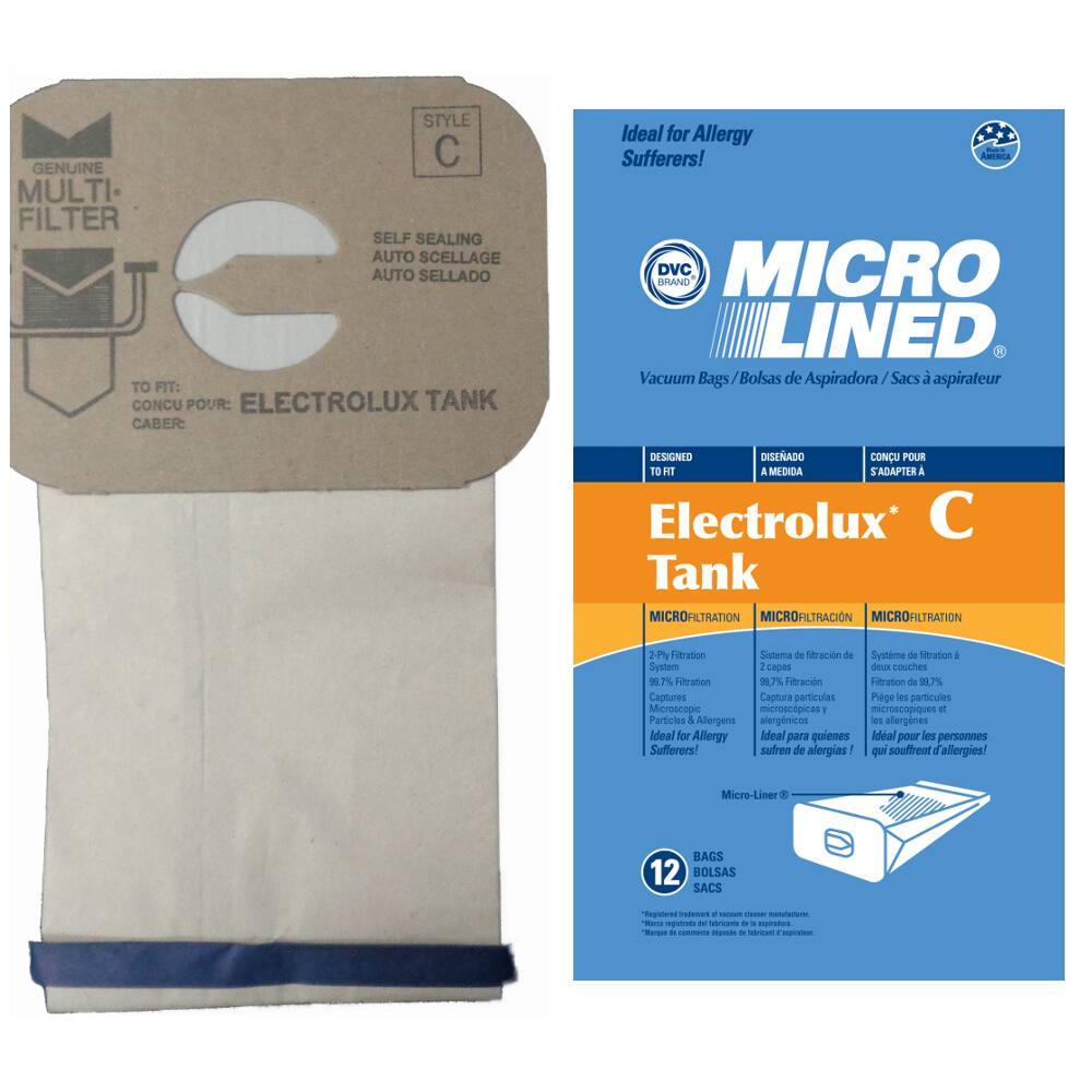 **Front Label:**

- **Genuine Multi-Filter**
- **Style C**
- **Self Sealing Auto Sellage Auto Sellado**
- **To Fit: Electrolux Tank Caber**

**Back Label:**

- **Ideal for Allergy Sufferers!**
- **DVC Brand**
- **Micro Lined**
- **Vacuum Bags / Bolsas de Aspiradora / Sacs à aspirateur**
- **Designed to Fit:**
  - **Electrolux Tank**
  - **C**
- **Microfiltration**
  - **2-Stage Filtration System**
  - **Captures Particles & Allergens**
  - **Ideal for Allergy Sufferers!**
- **Micro-Liner**
- **12 Bags**
- **Registered trademark vacuum cleaner manufacturer.**
- **Marca de consumibles de aspiradora registrada.**