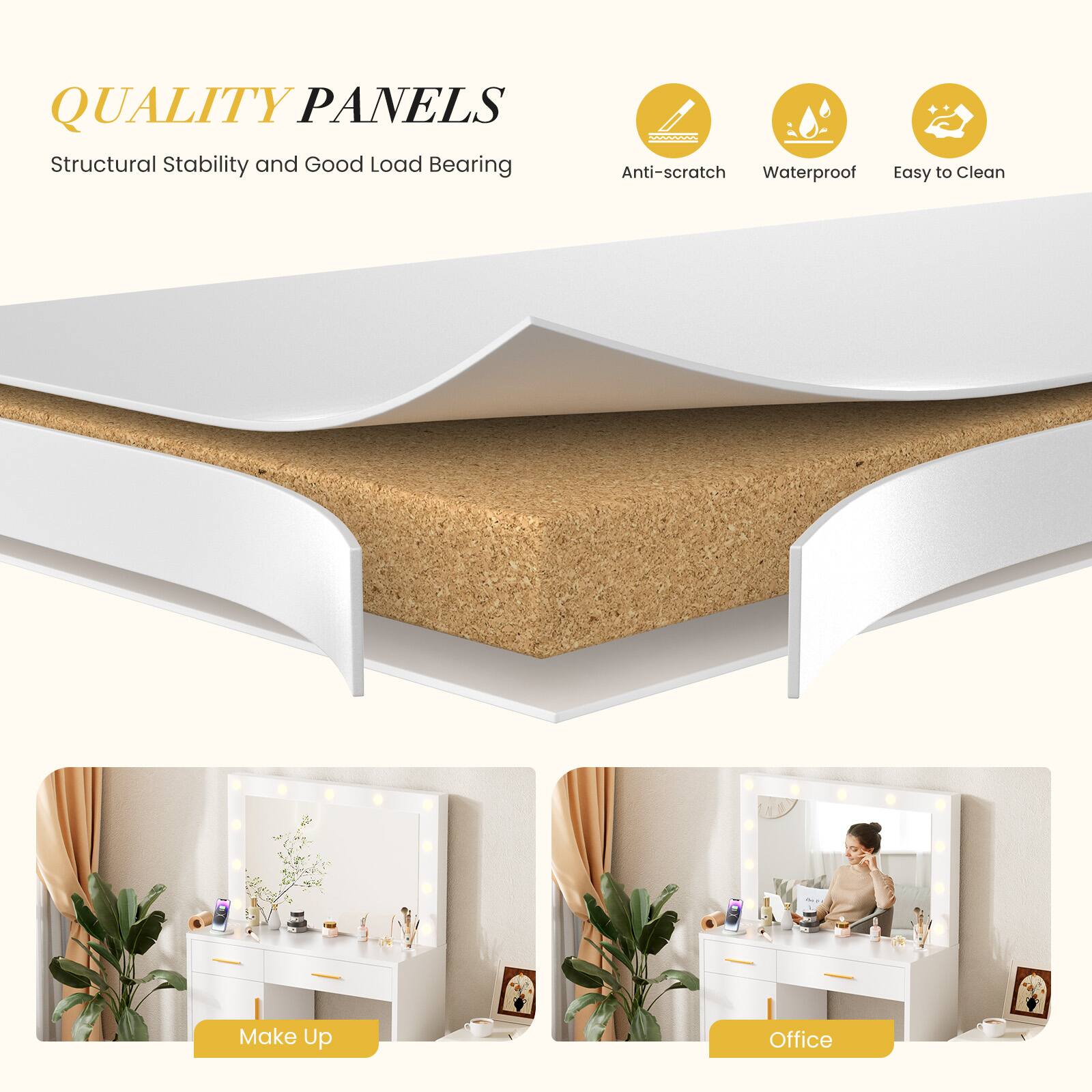 QUALITY PANELS  
Structural Stability and Good Load Bearing  

Anti-scratch  
Waterproof  
Easy to Clean  

Make Up  
Office