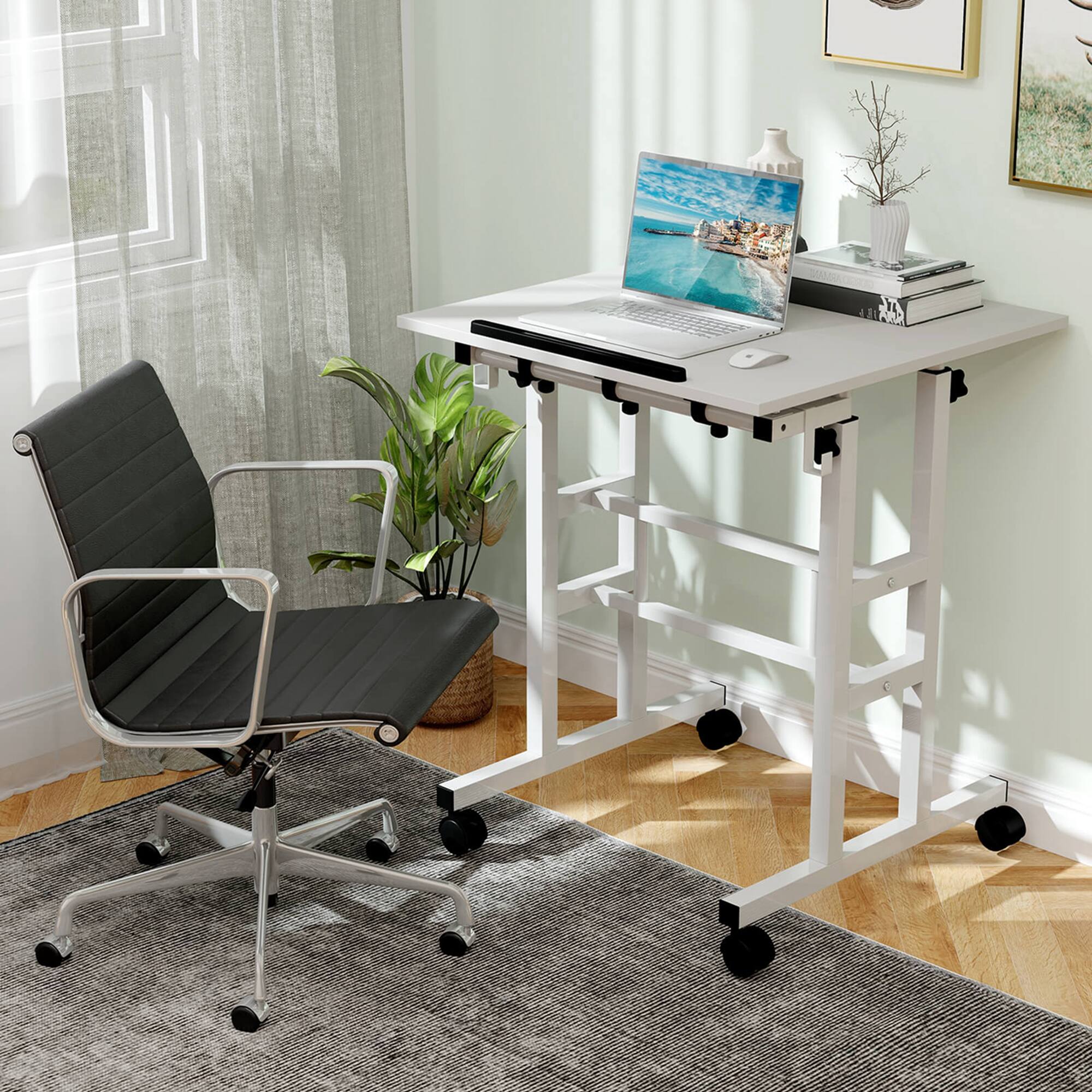 Alt View 4. Costway - Costway Height Adjustable Mobile Standing Desk with Tiltable Desktop & 2 Hanging Hooks - White.