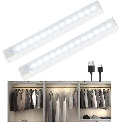 Front. ACJPR - 8 inch Under Cabinet Lighting 2 Pack, Rechargeable Motion Sensor Indoor LED Lights with 3 Modes for Closets and Stairs.