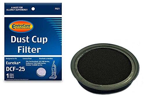 A MUST FOR ALLERGY SUFFERERS!!  
F621 EnviroCare TECHNOLOGIES Dust Cup Filter  
Designed to fit:  
Eureka* DCF-25  
1 Filter  
Filtre  
Filtro  
Conces Pour:  
Fix SuctionSeal-A51100 Series, Eureka* Endeavor NLS 5400 Series, Minima* ELOGOO Series  
Diseñado a Medida:  
Vacuum Manufacturer