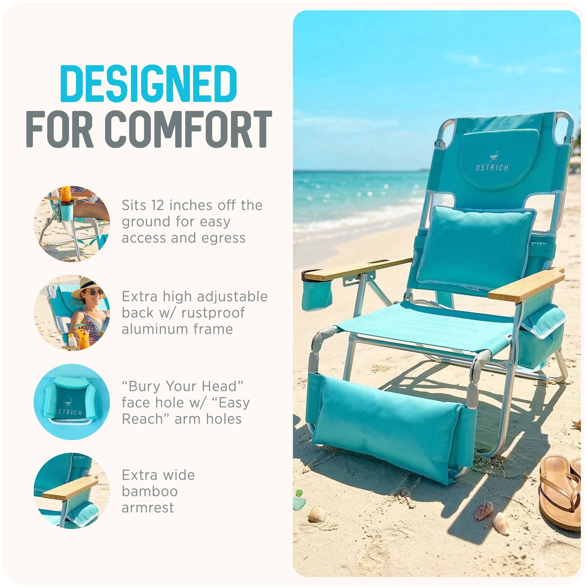 DESIGNED FOR COMFORT

- Sits 12 inches off the ground for easy access and egress
- Extra high adjustable back w/ rustproof aluminum frame
- "Bury Your Head" face hole w/ "Easy Reach" arm holes
- Extra wide bamboo armrest