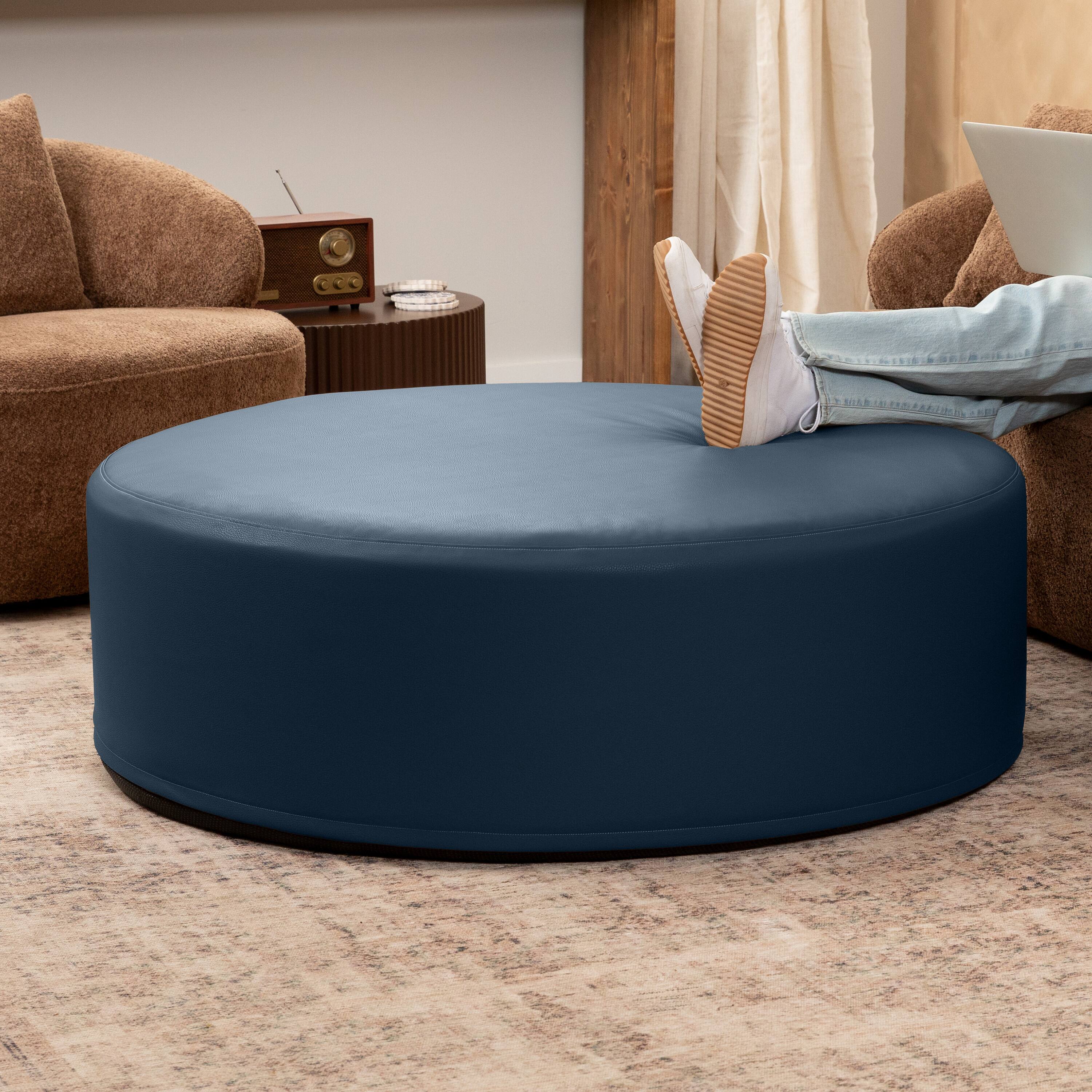 Angle. Jaxx - Jaxx Candler Round Couch Oversized Giant Coffee Table Ottoman 44”, Oxford Blue - Faux Leather Oxford Blue.