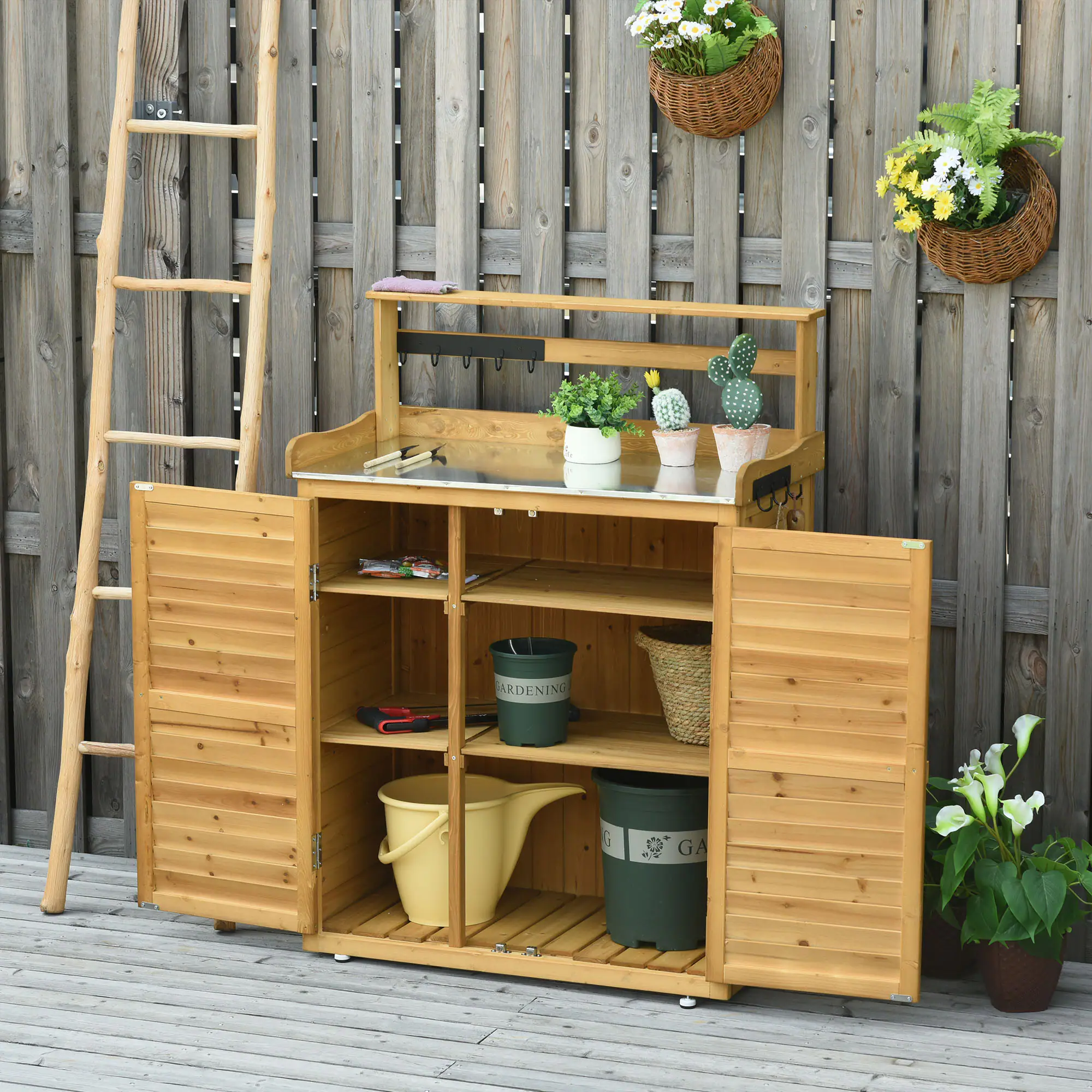 Alt View 1. Outsunny - Garden Potting Bench Table Wooden Workstation Shed with Tabletop, Hooks, 3-Tier Shelves Cabinet, 2 Magnetic Close Doors.