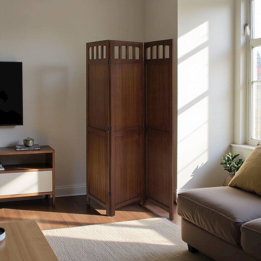Angle. FurniFact - Antique Walnut Room Divider Panel – Folding Screen for Room Partition - Walnut.