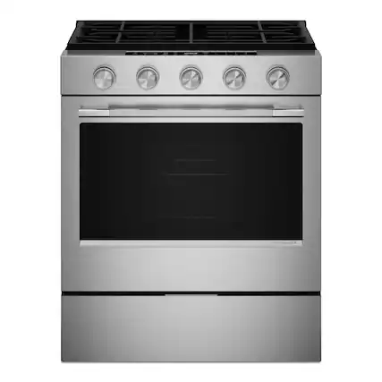 Front. KitchenAid - 30 in. Wide 5 burners 5.0 cu. ft. Slide-in Gas Range with Convection Cooking Modes - Fingerprint Resistant Stainless Steel.