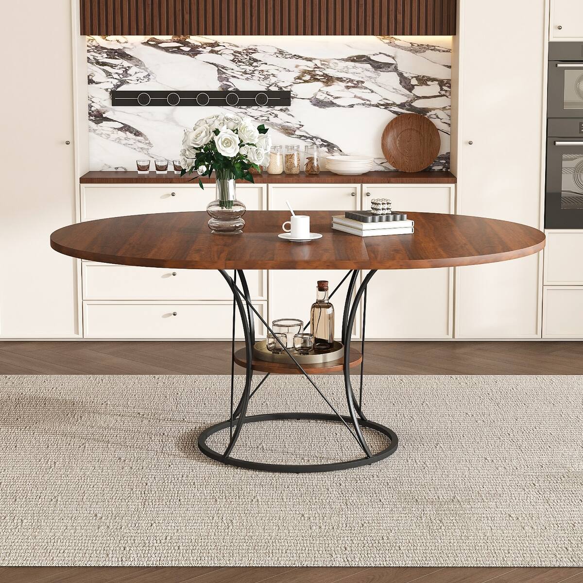 Alt View 9. Loheer - Loheer 43 to 59 inch Extendable Round Dining Table, Walnut Veneer, Black Metal Base - Brown and black.