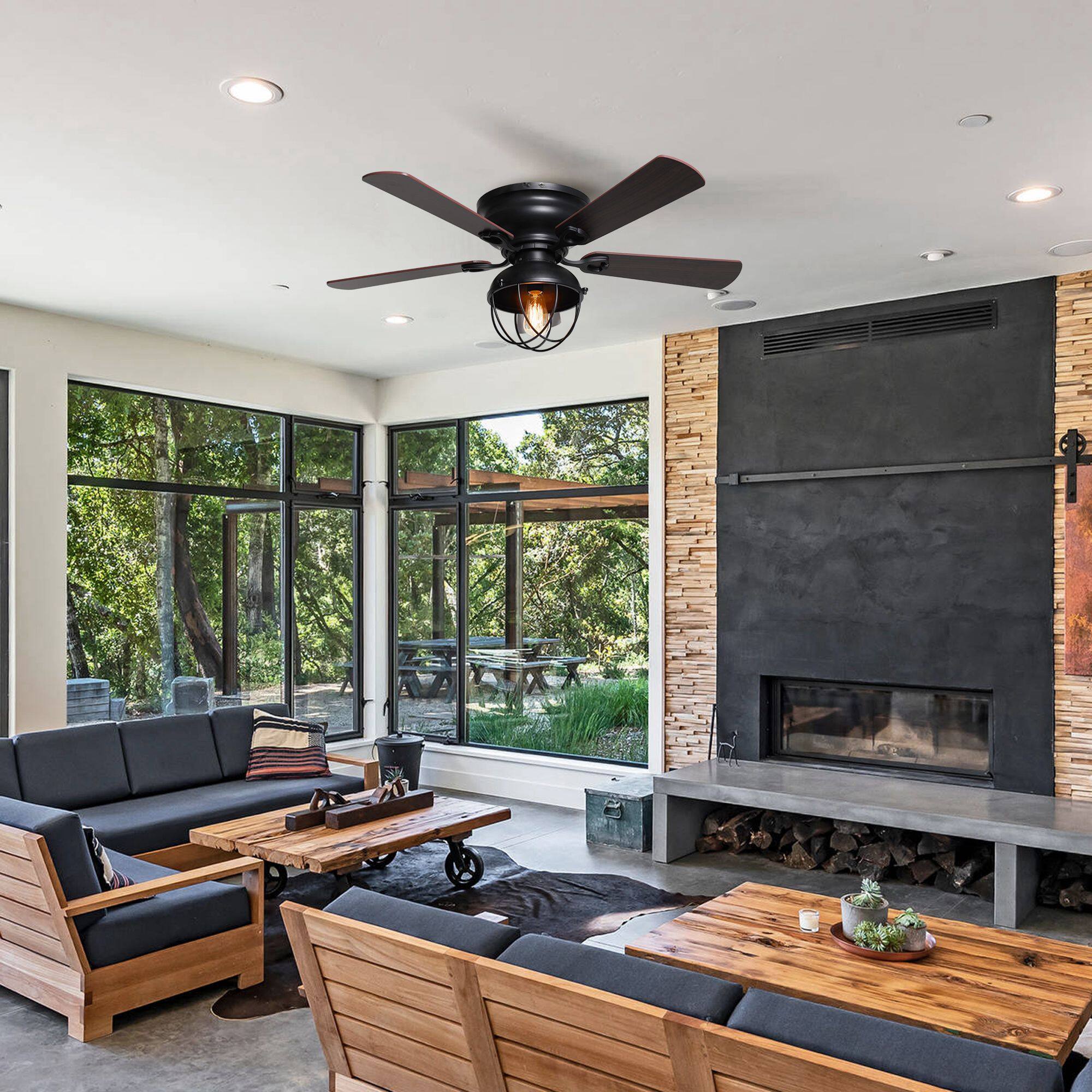 Angle. Parrot Uncle - 42" Industrial Wood 5-Blade Matte Black Flush Mount Ceiling Fan with Remote - Black.