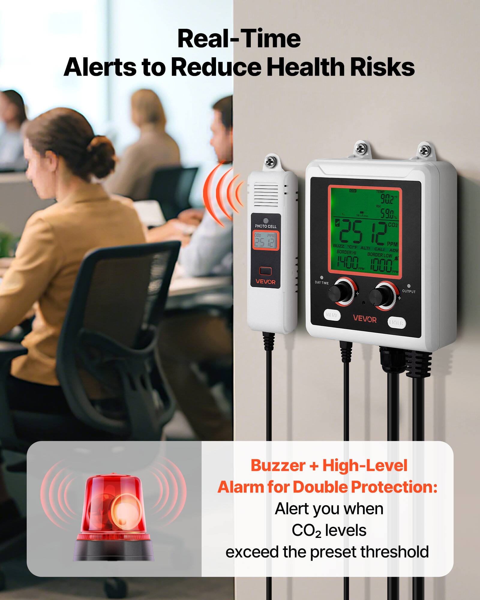 Real-Time Alerts to Reduce Health Risks

Buzzer + High-Level Alarm for Double Protection: Alert you when CO2 levels exceed the preset threshold