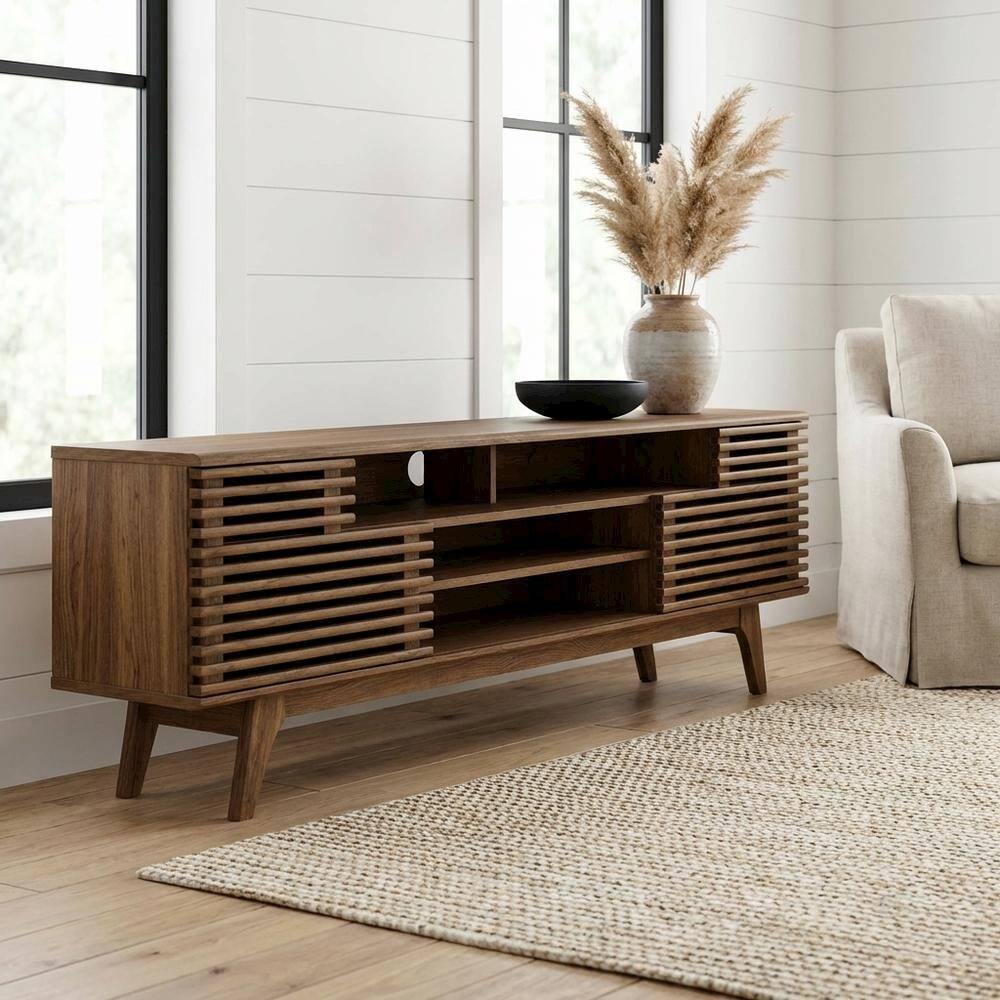 Angle. FurniFact - Brown Wood TV Console with Spacious Surface and Modern Design - Brown.