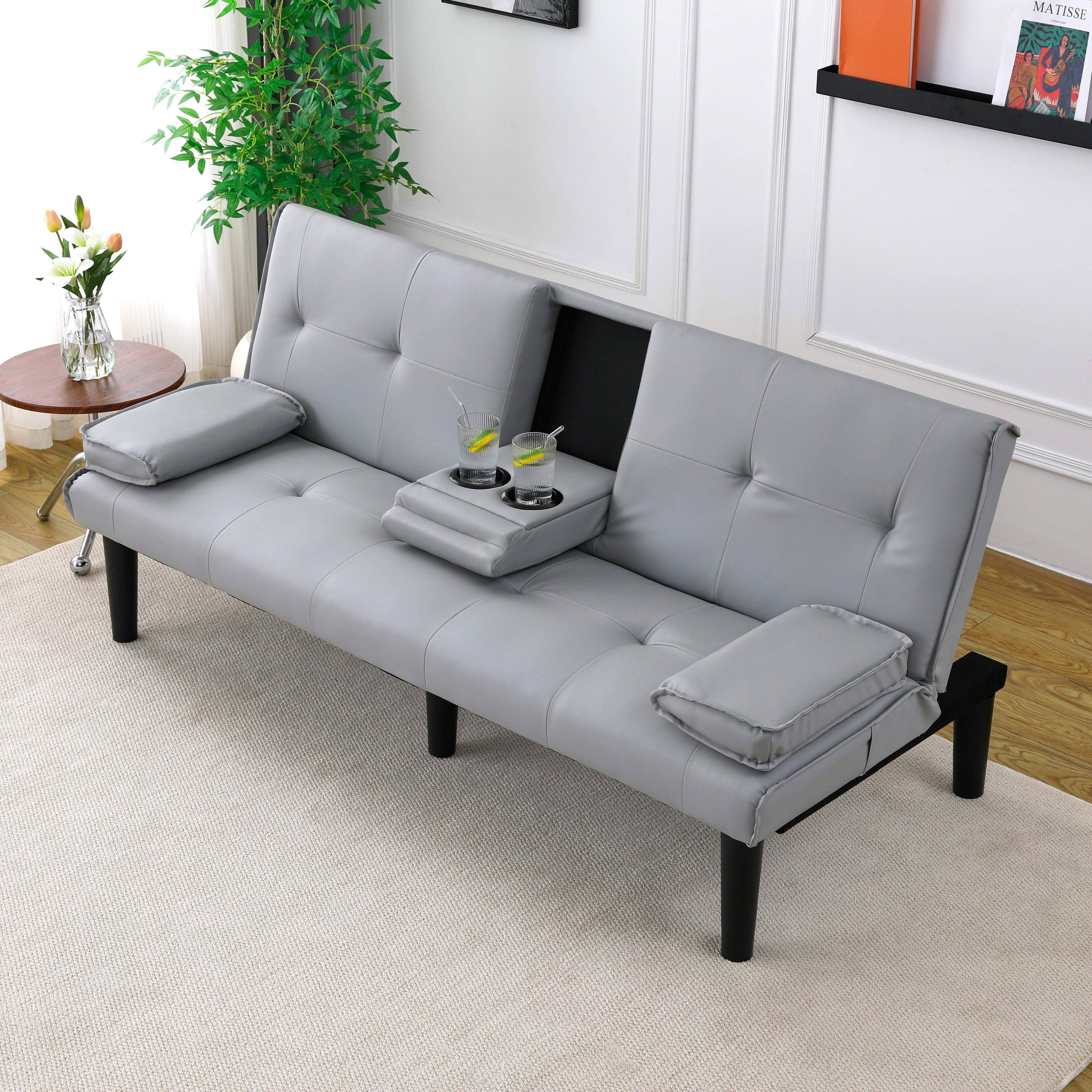 Left. Roomtec - The 67inch light gray PVC multifunctional sofa bed with a foldable and cup holder design makes it extremely convenient - Light Gray.