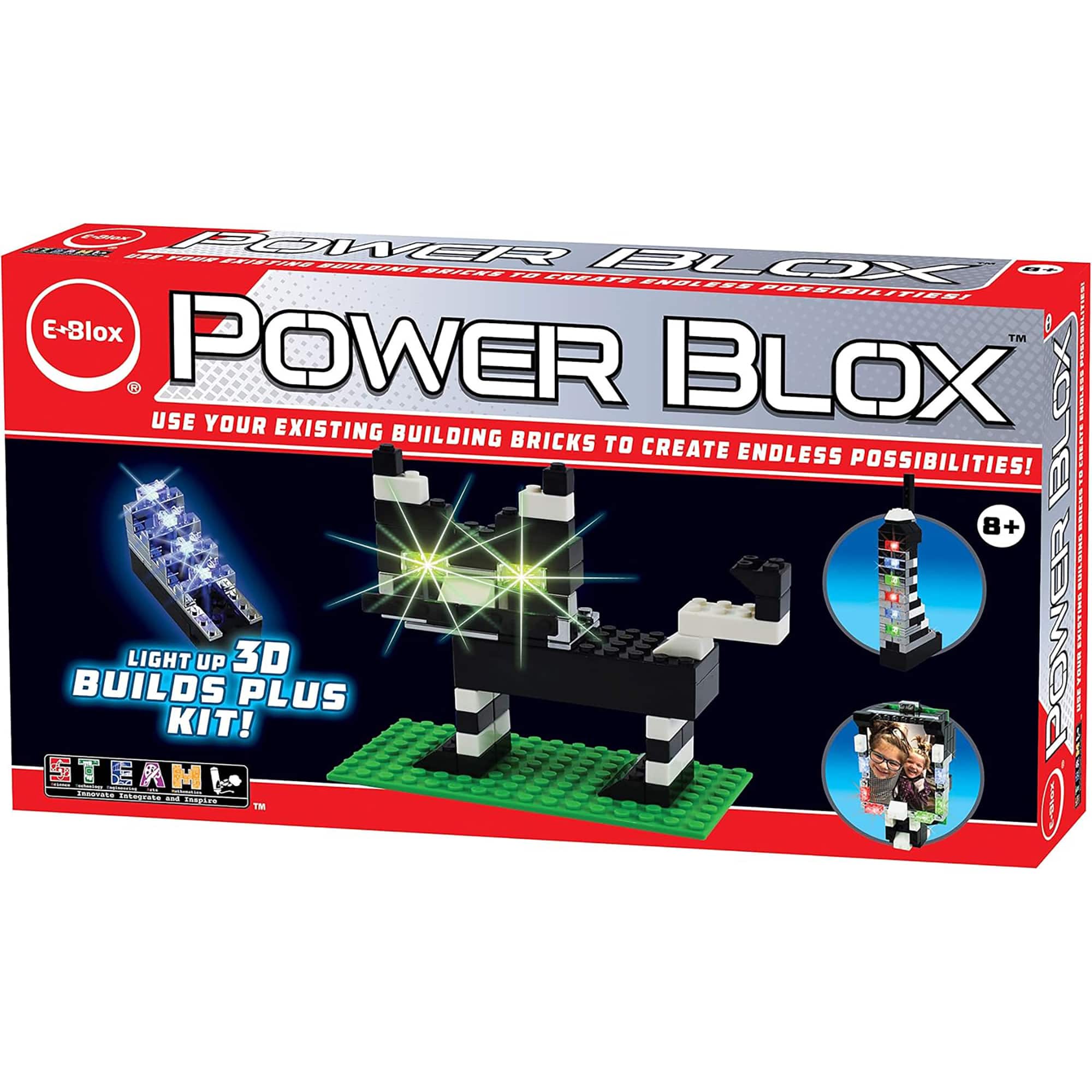 Power Blox is a building set that uses existing building blocks to create endless possibilities. The set includes a light-up 3D build and comes with a Builds Plus Kit. It is designed for users aged 8 and up and encourages creativity and imagination.