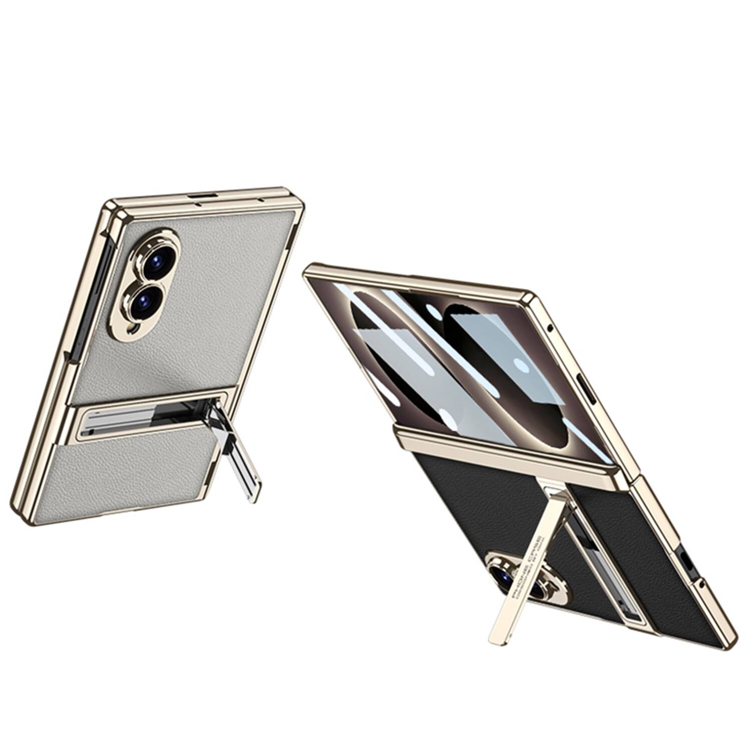 Back. Dteck - Shockproof Leather Texture Case for Samsung Galaxy Z Fold8 with Stand, Electroplated Hinge Cover Built in Screen Glass - Pink.