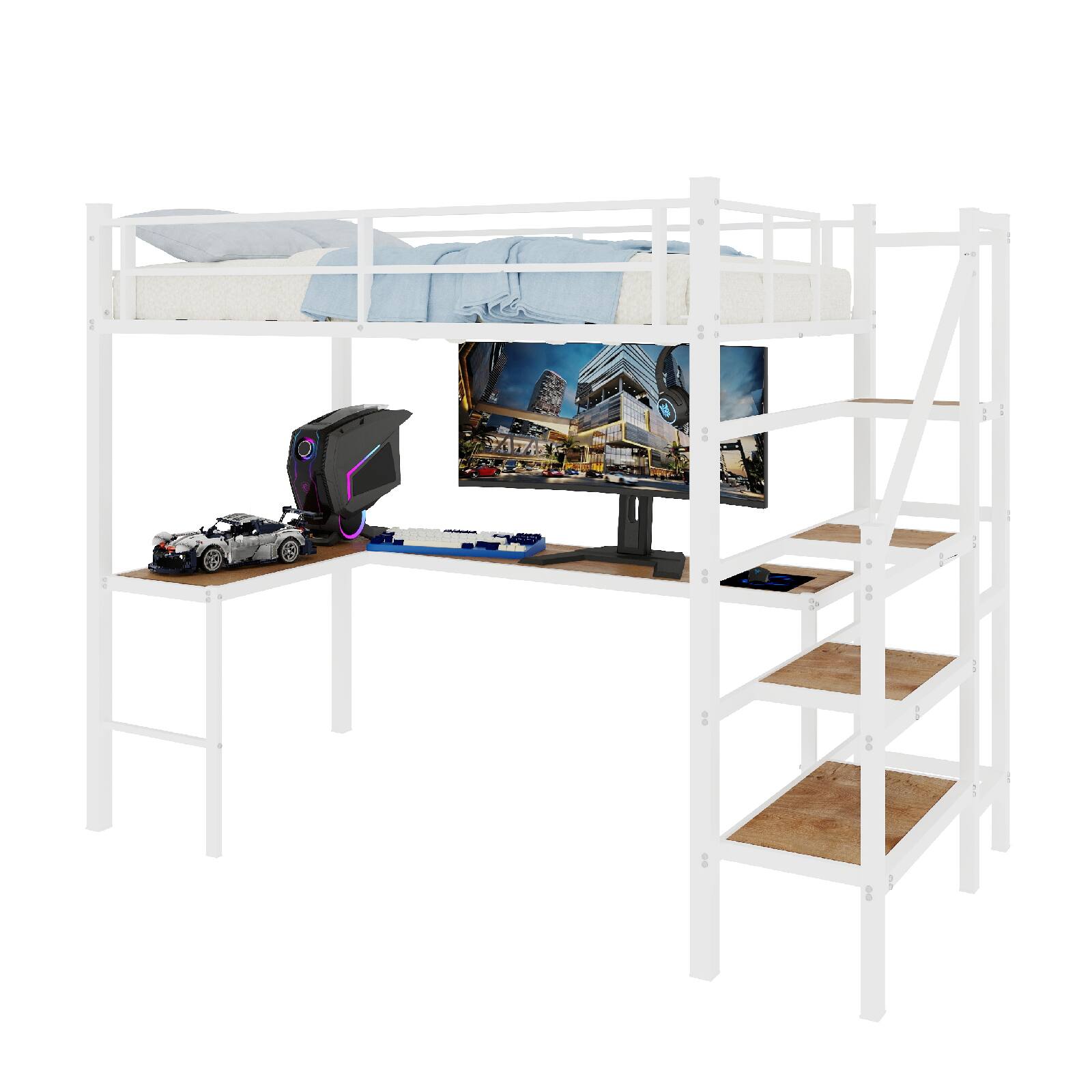 Alt View 7. Loheer - Loheer Twin Loft Bed with L-Shaped Desk Storage Stairs Noiseless Frame - White.