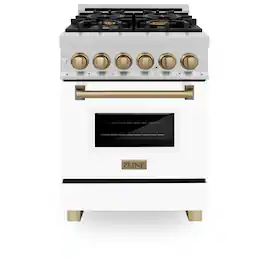 ZLINE - Autograph 24 in. Legacy Dual Fuel Range in Satin Steel w/ White & Bronze Accents (RASZ-WM-24-CB) - White Matte