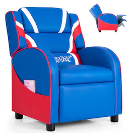 Costway - Kids Recliner Chair Gaming Sofa PU Leather Armchair w/Side Pockets Blue - Blue