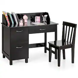Costway - Kids Wooden Study Desk & Chair Writing Table w/Drawer Storage Cabinet - Dark Brown