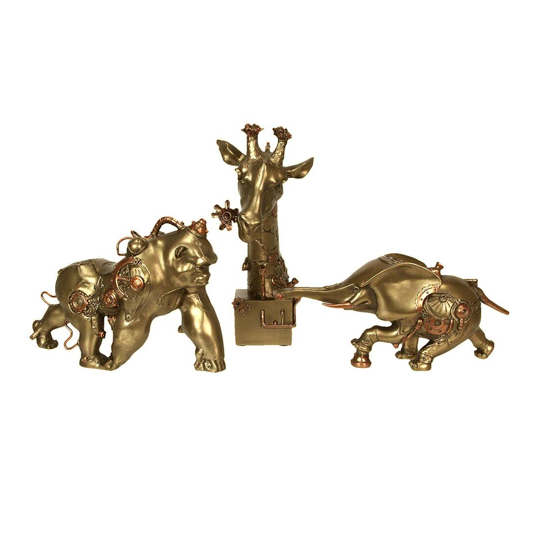Front. Zeckos - Set of Three Steampunk Sculptures: Elephant, Gorilla, Giraffe in Bronze Resin - Bronze.