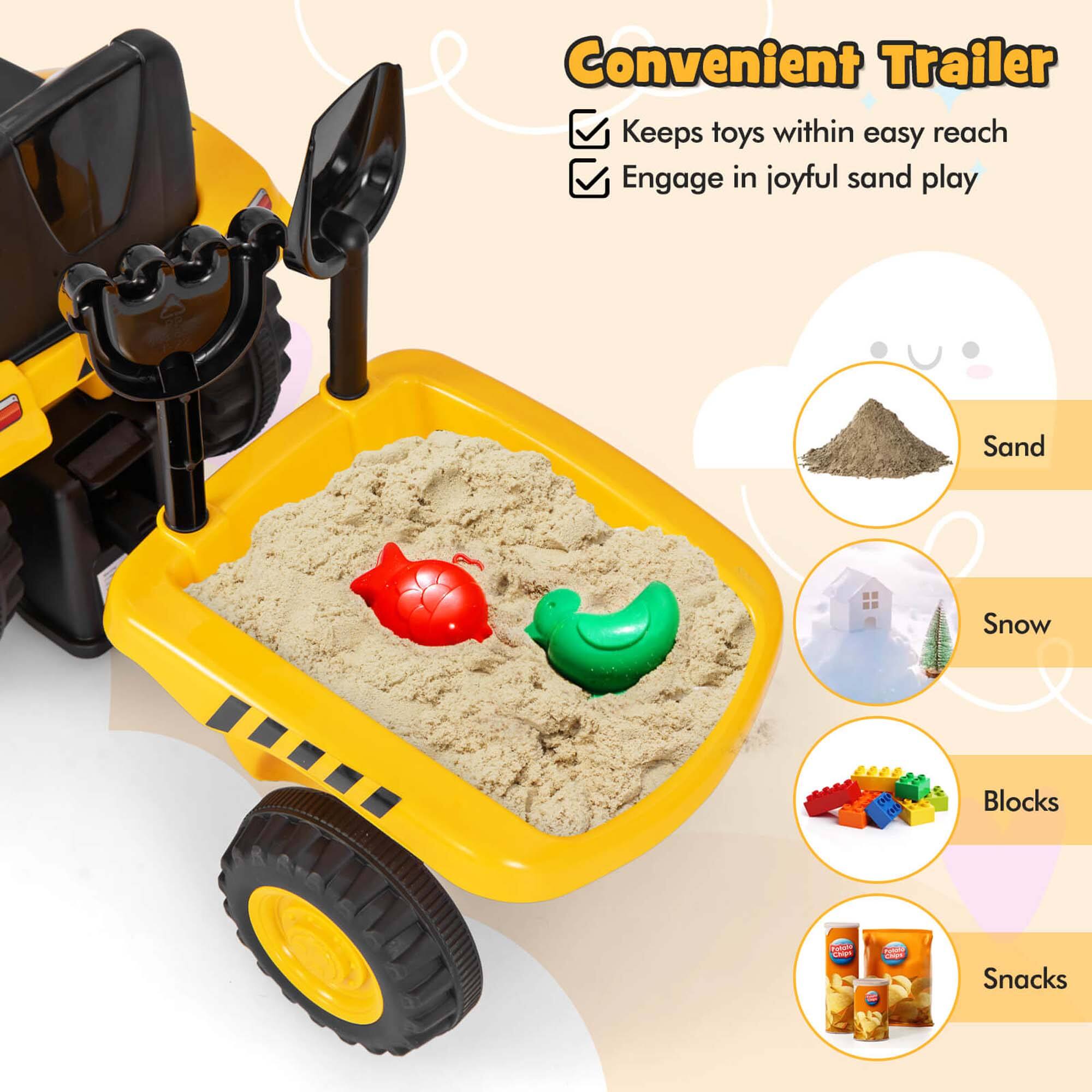 Convenient Trailer  
- Keeps toys within easy reach  
- Engage in joyful sand play  

Sand  
Snow  
Blocks  
Snacks