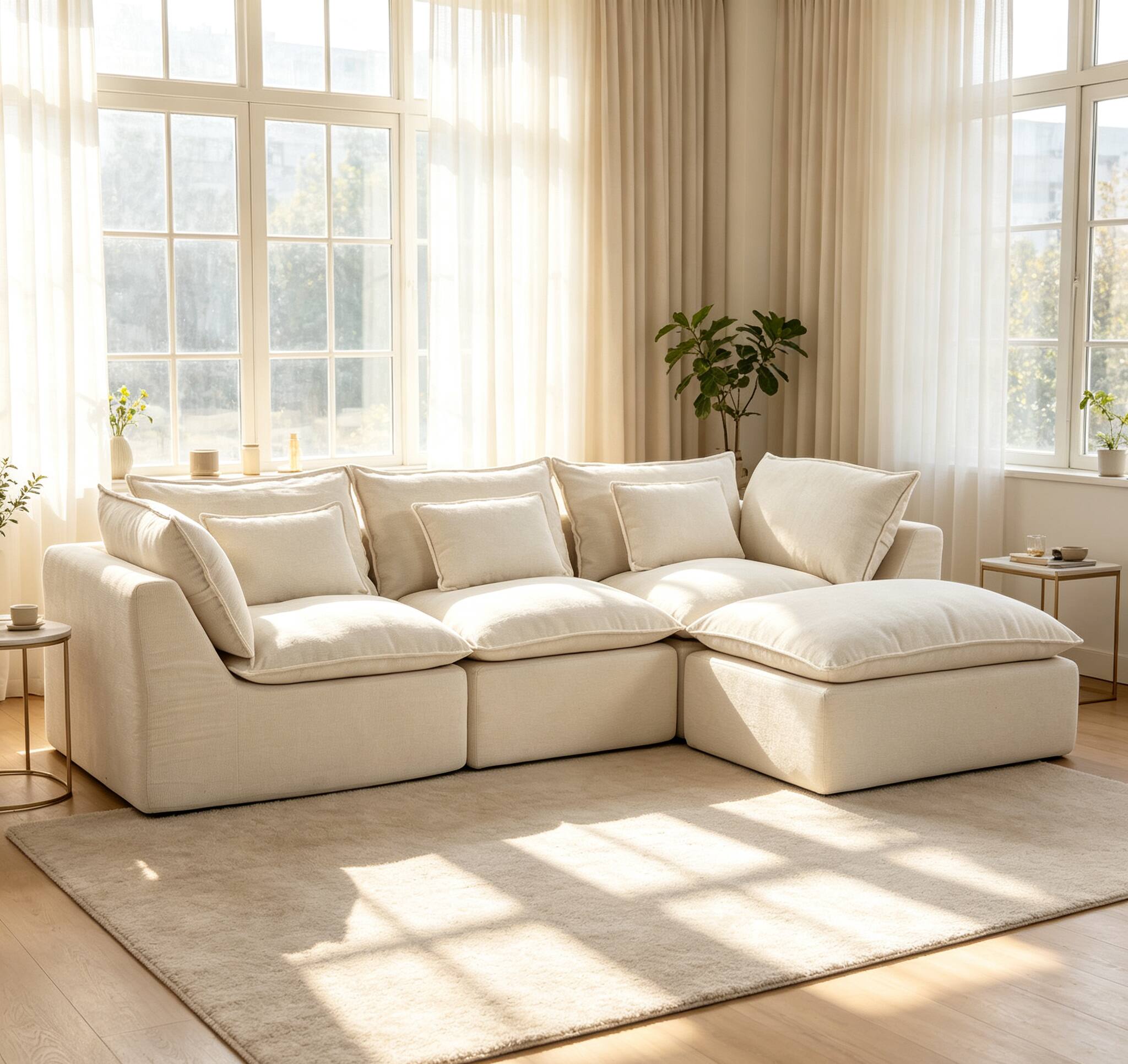 Angle. Whisen - 3-SeatOversized Modular Sectional Sofa with Ottoman for Living Room and Apartment - Antique White.
