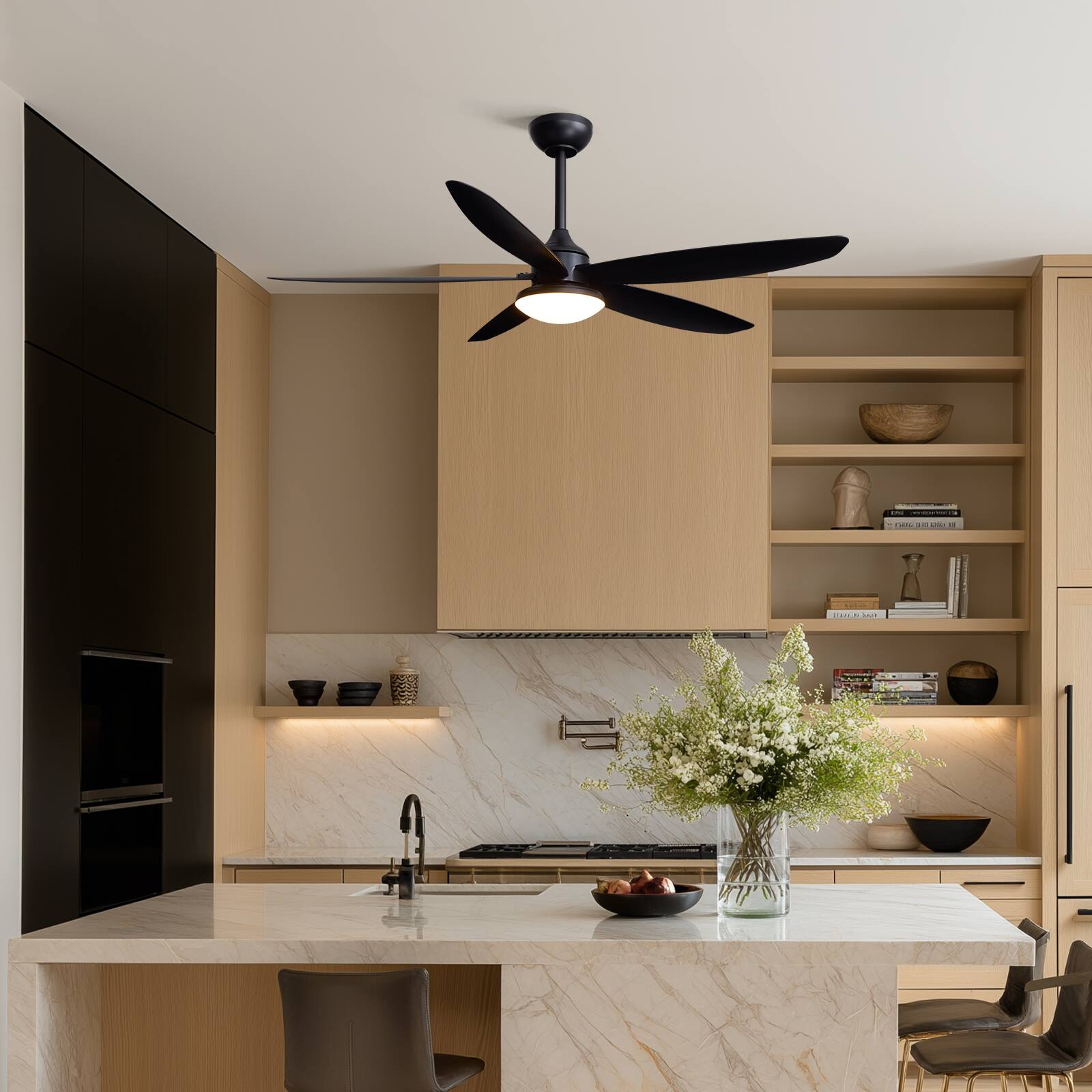 Left. Siljoy - 52 Inch Modern Black 5 Blade LED Ceiling Fan with Light Quiet Operation Remote Control Included  for Living Room Bedroom - Black.