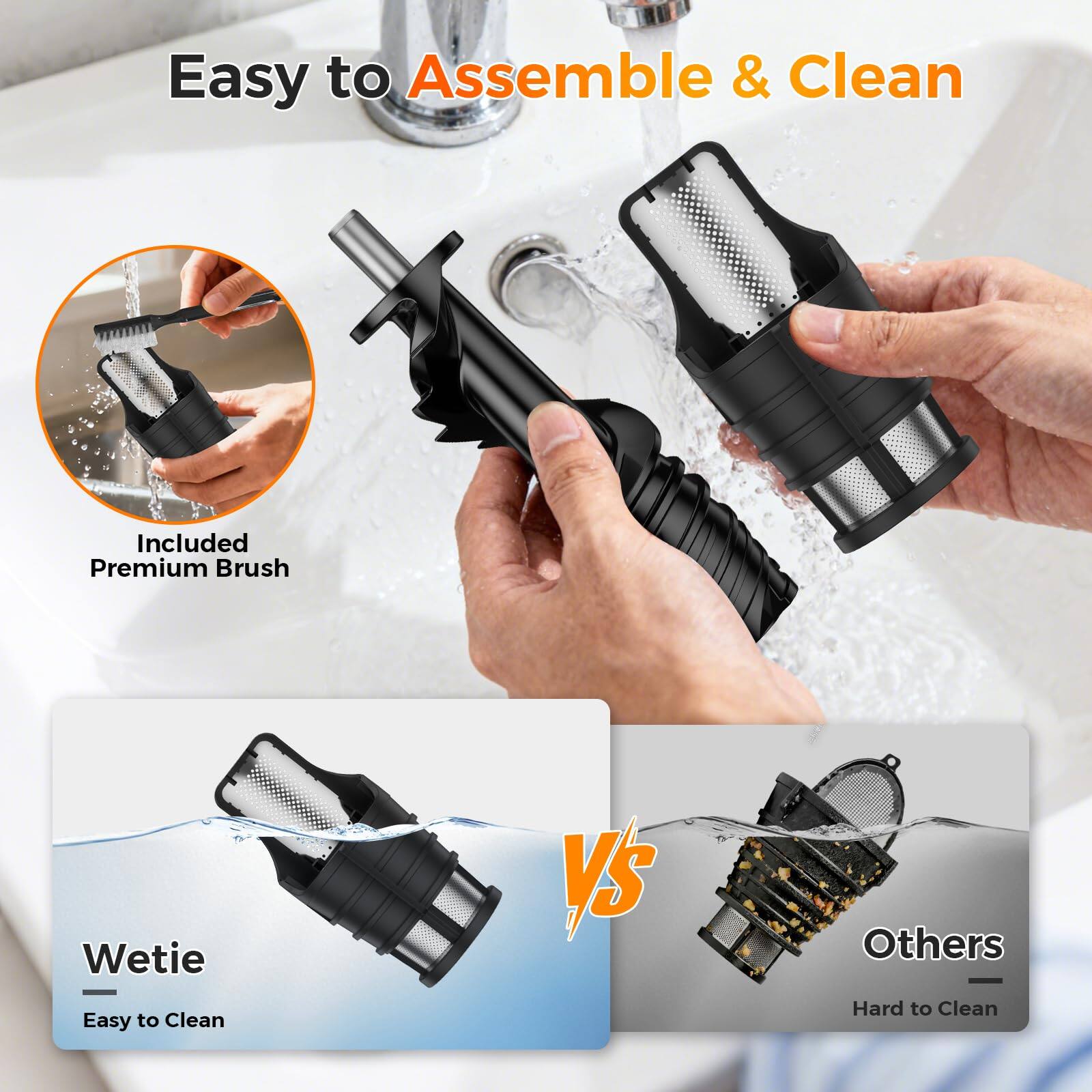 Easy to Assemble & Clean

Included Premium Brush

Wetie
Easy to Clean

VS

Others
Hard to Clean