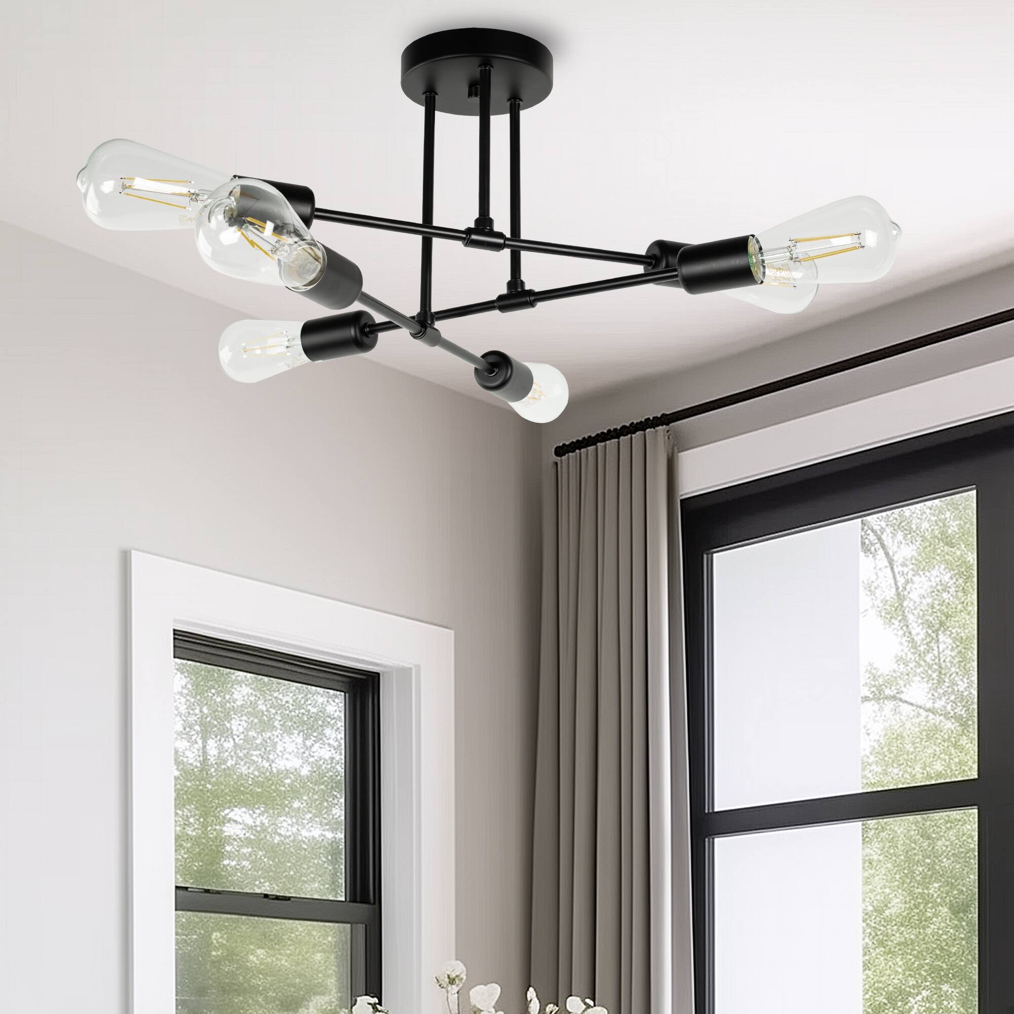 Angle. Jandcase - JANDCASE 6-Light Black Branch Semi-Flush Mount Ceiling Light,E26 Socket, Non-Integrated Bulbs, for Living Room - Black.