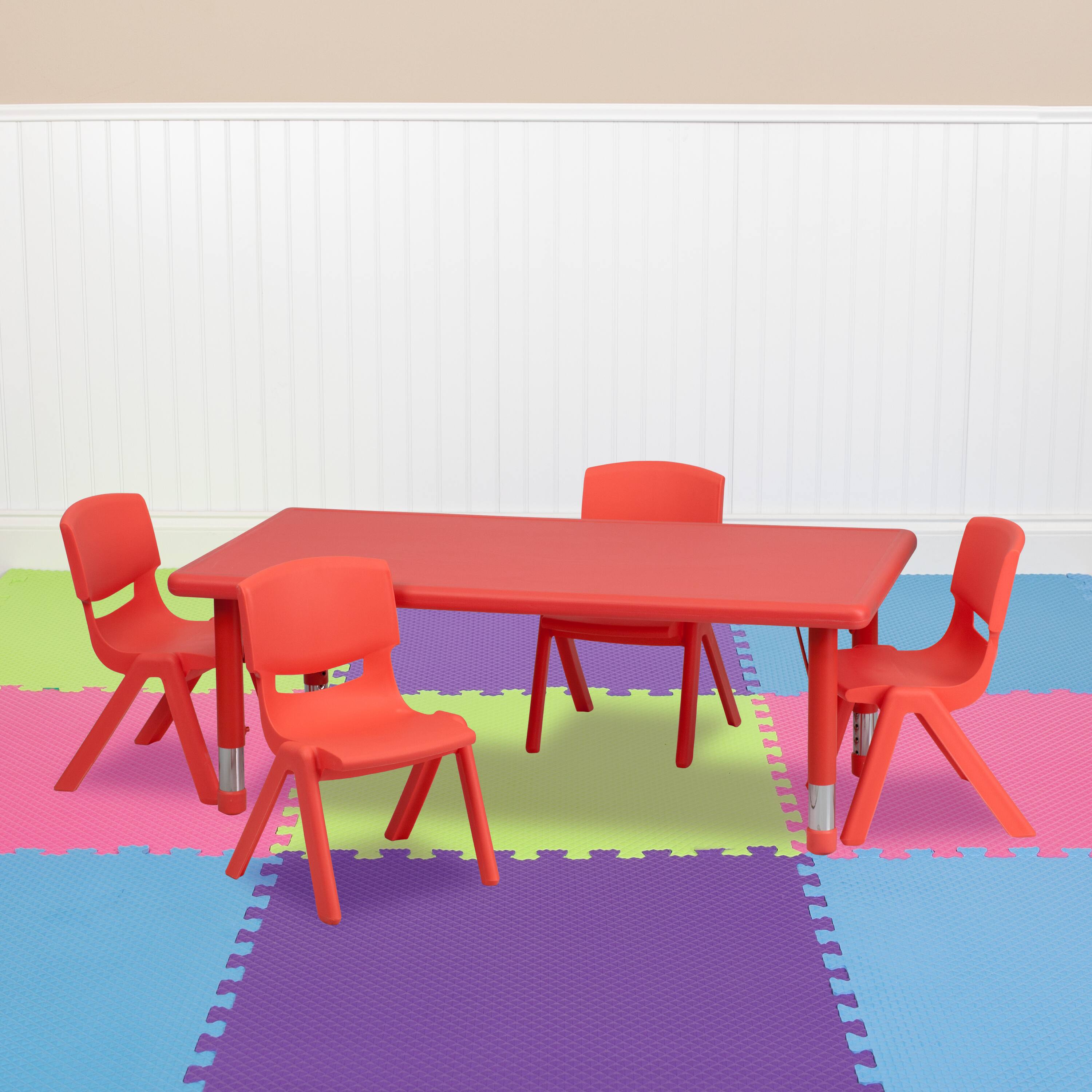 "Emma + Oliver - 24""W x 48""L Rectangular Plastic Height Adjustable Activity Table Set with 4 Chairs - Red" price history on PriceWatchPro