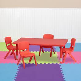 Emma + Oliver - 24"W x 48"L Rectangular Plastic Height Adjustable Activity Table Set with 4 Chairs - Red