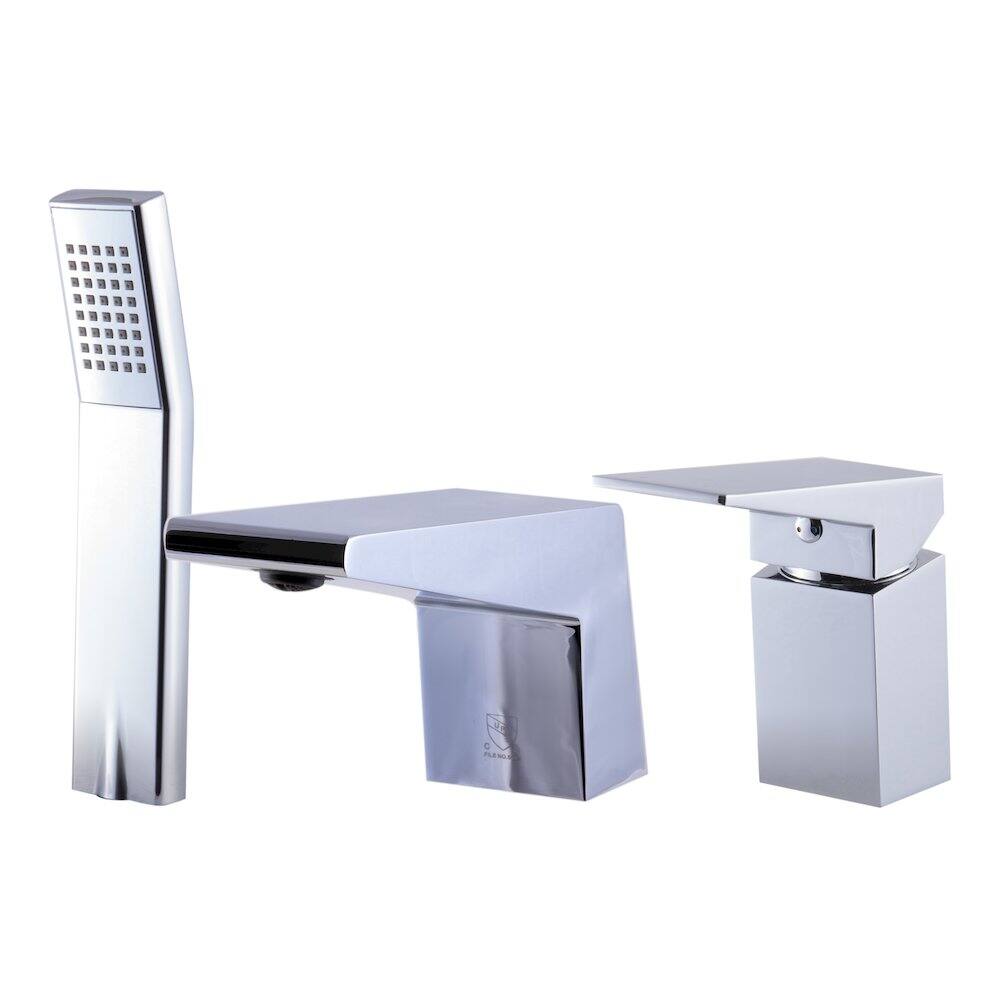 Angle. Alfi - Polished Chrome Deck Mounted 3 Hole Tub Filler & Shower Head - Silver.