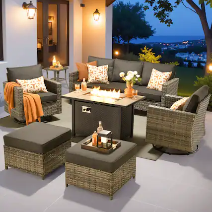 Front. Ovios - 7 PCS Patio Furniture Conversational Sofa with Swivel Chair, Side Table & 42" Fire Pit Table - Black.