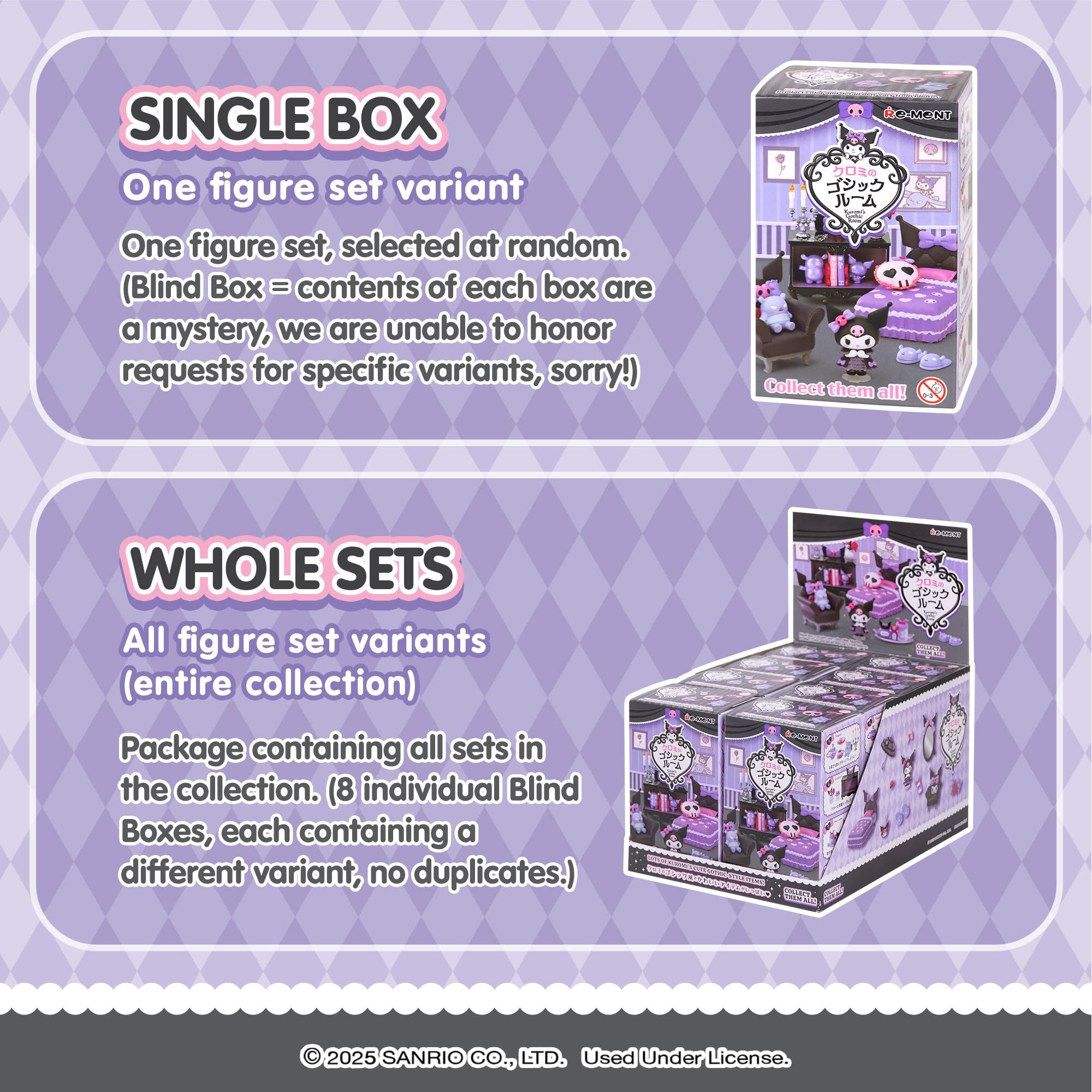 SINGLE BOX  
One figure set variant  
One figure set, selected at random.  
(Blind Box = contents of each box are a mystery, we are unable to honor requests for specific variants, sorry!)  
Collect them all!

WHOLE SETS  
All figure set variants (entire collection)  
Package containing all sets in the collection. (8 individual Blind Boxes, each containing a different variant, no duplicates.)

© 2025 SANRIO CO., LTD. Used Under License.