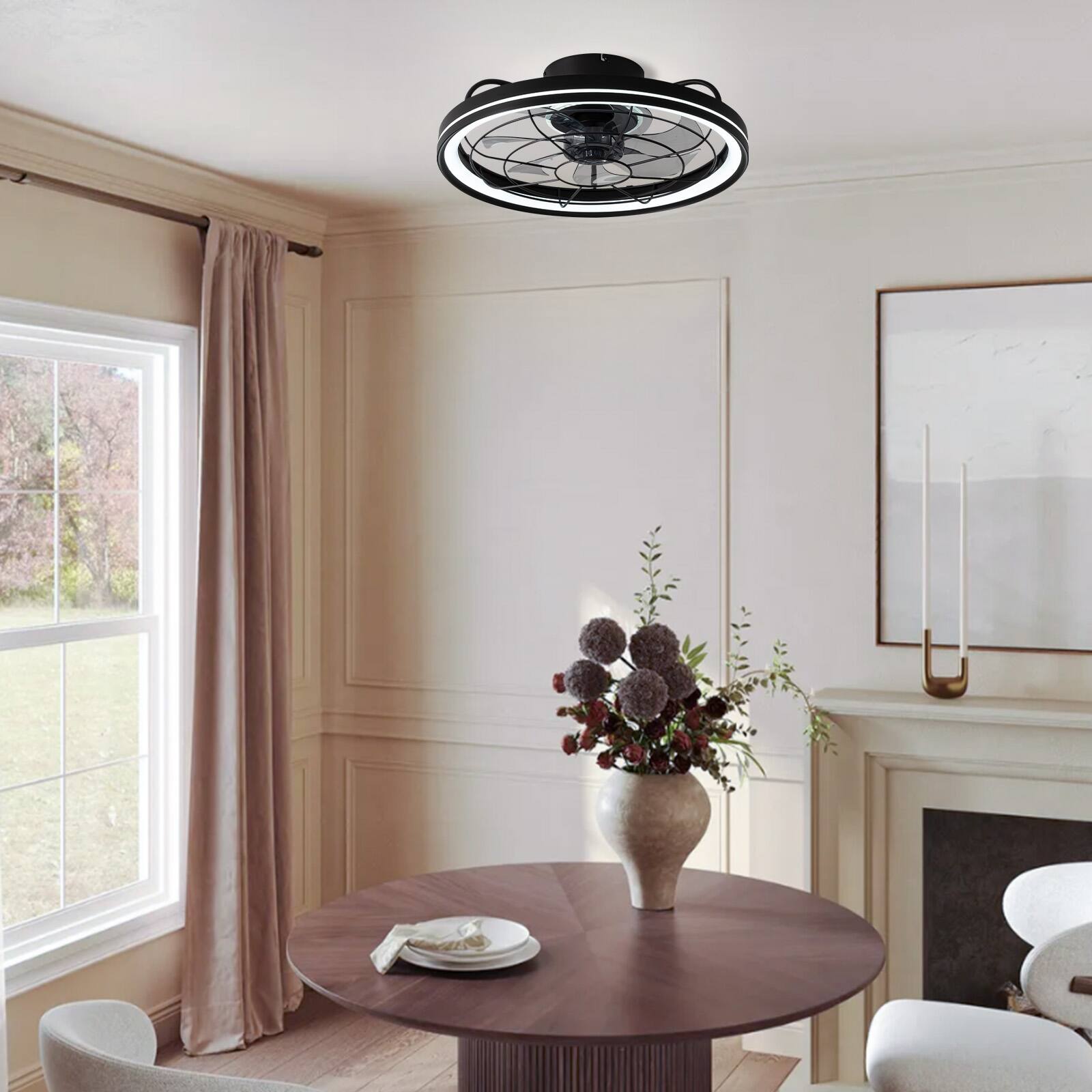 Back. Siljoy - 20-in Modern Black Caged Ceiling Fan with LED Light Remote App Control 6 Speed Reversible DC Motor - Black.