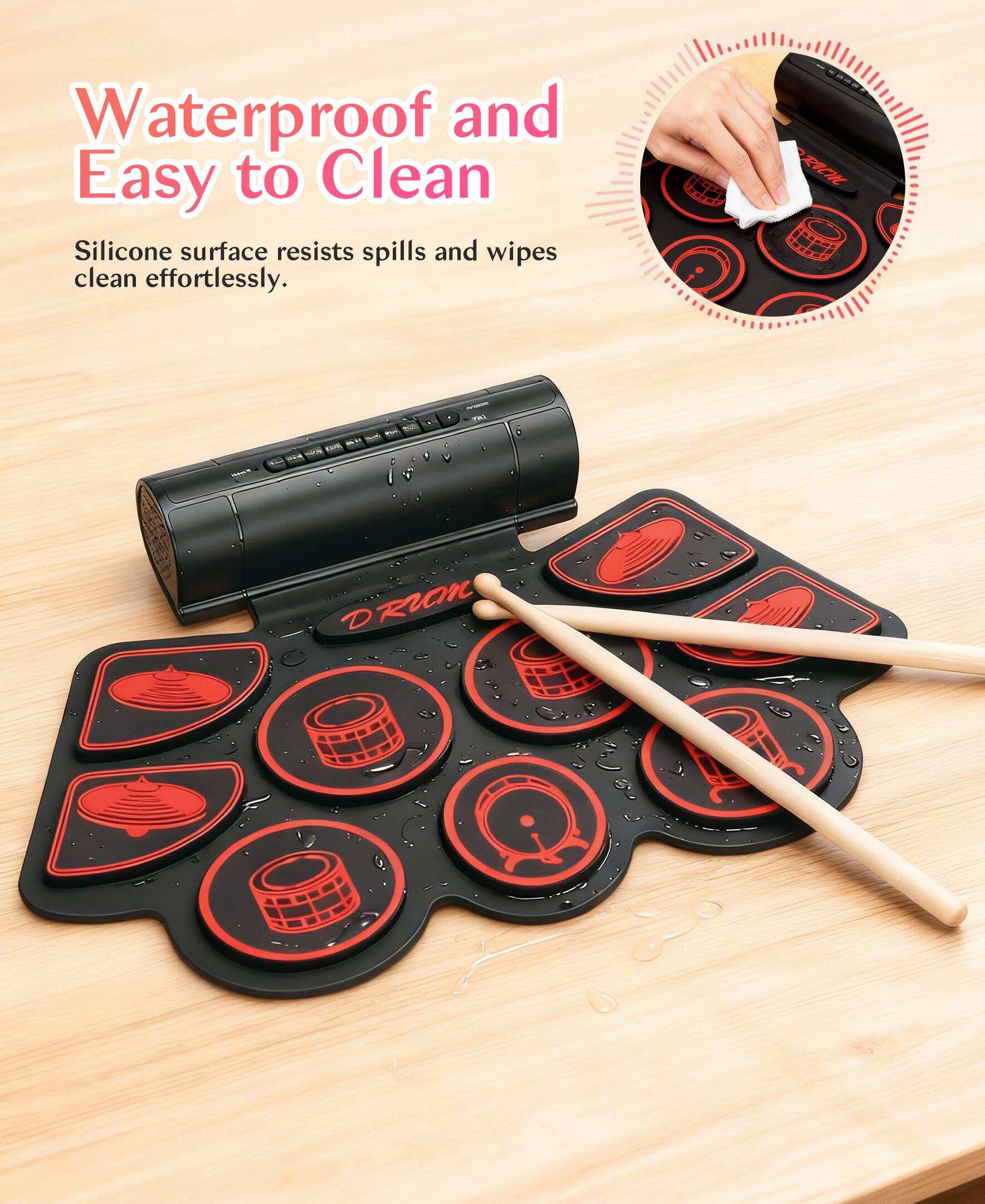 Alt View 1. Sugift - Kids Roll-Up Electronic Drum Set with Speakers, Headphone Jack & Foot Pedals - Green - Red.