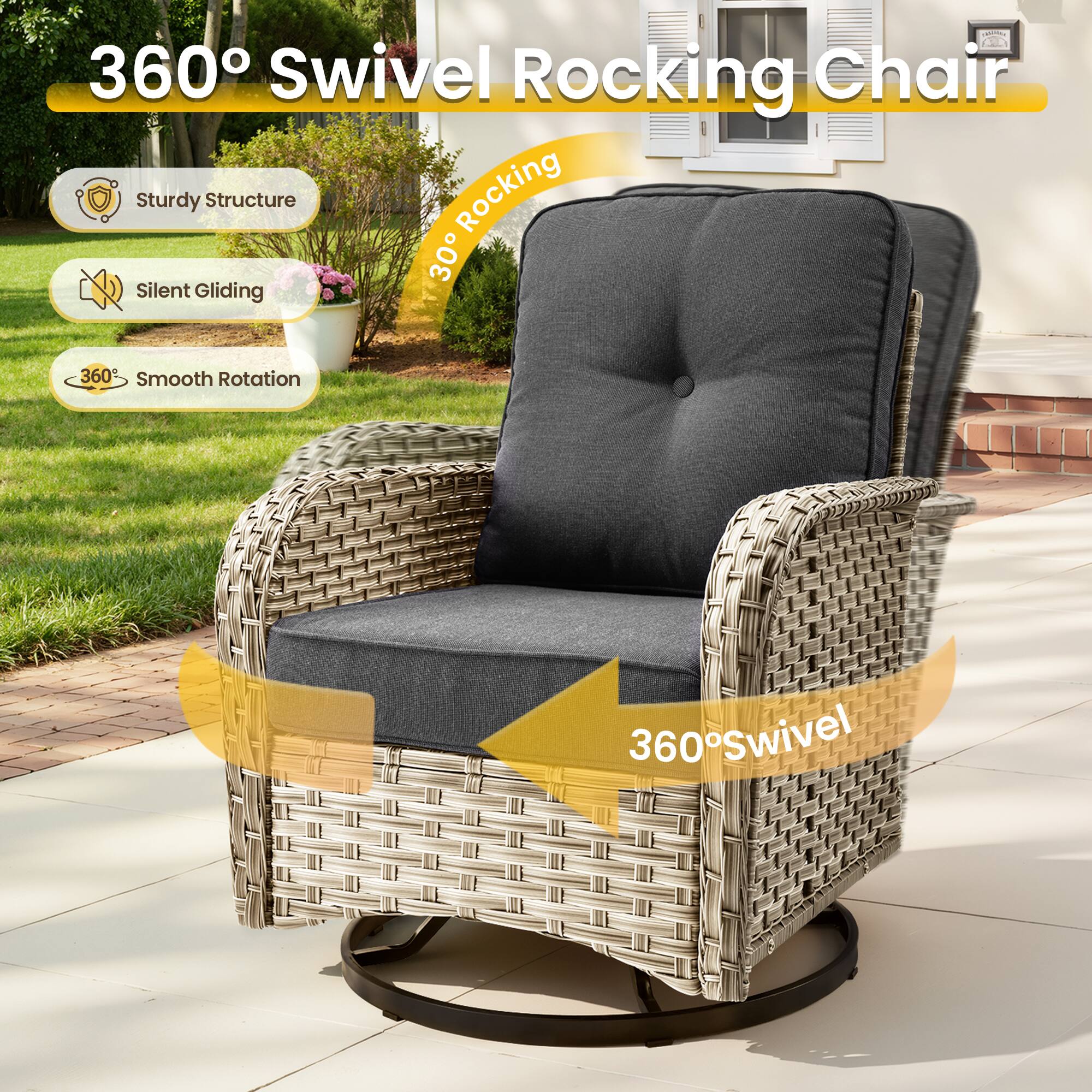 360° Swivel Rocking Chair

- Sturdy Structure
- Silent Gliding
- 360° Smooth Rotation

30° Rocking

360° Swivel