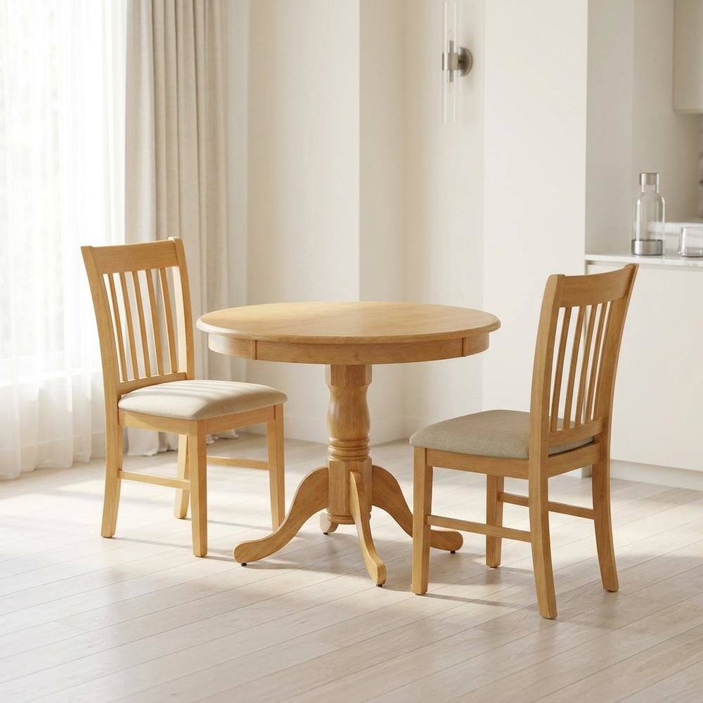 Alt View 2. FurniFact - Solid Wood Round Kitchen Table & Chairs 3-Piece - Oak.