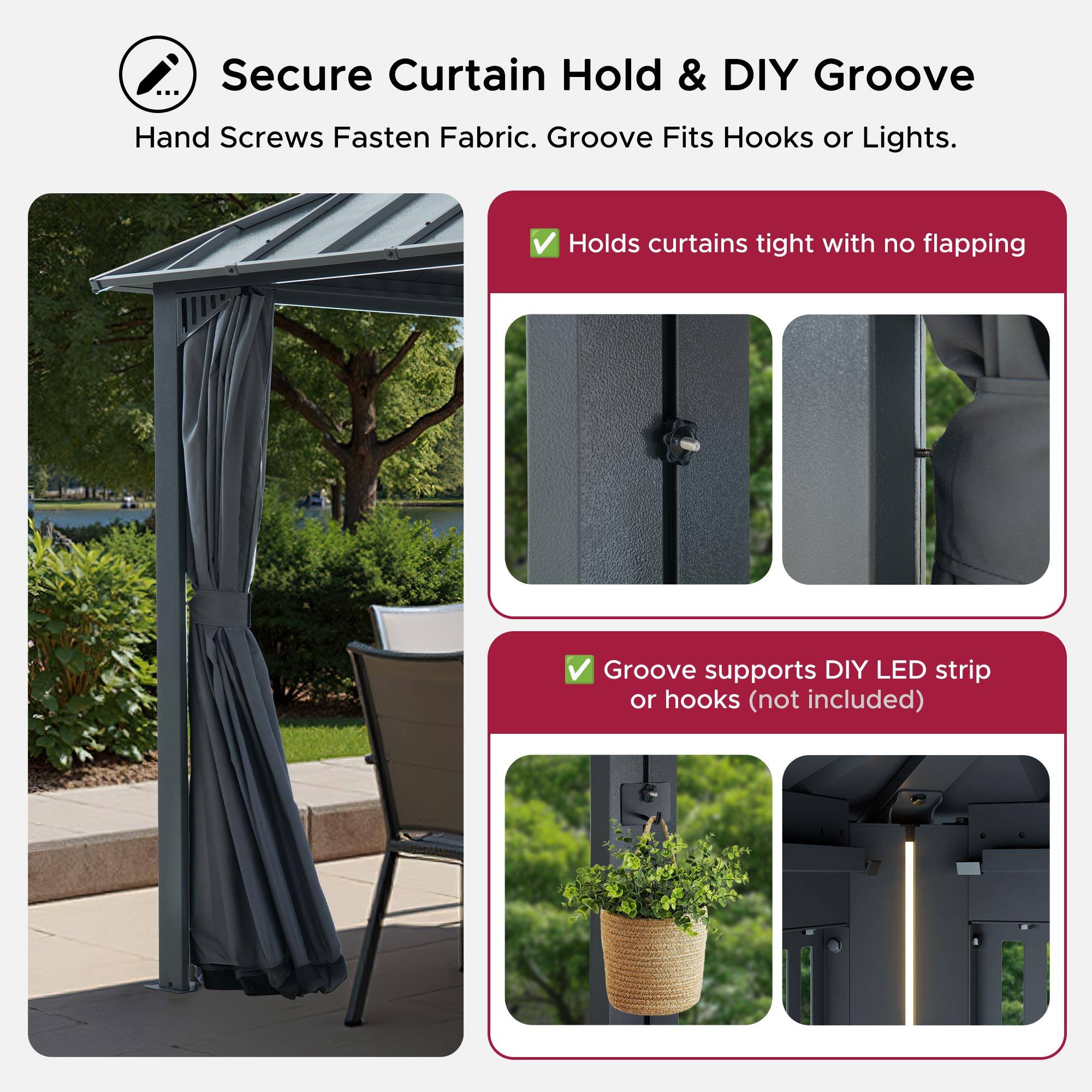 Secure Curtain Hold & DIY Groove  
Hand Screws Fasten Fabric. Groove Fits Hooks or Lights.  

- Holds curtains tight with no flapping  
- Groove supports DIY LED strip or hooks (not included)