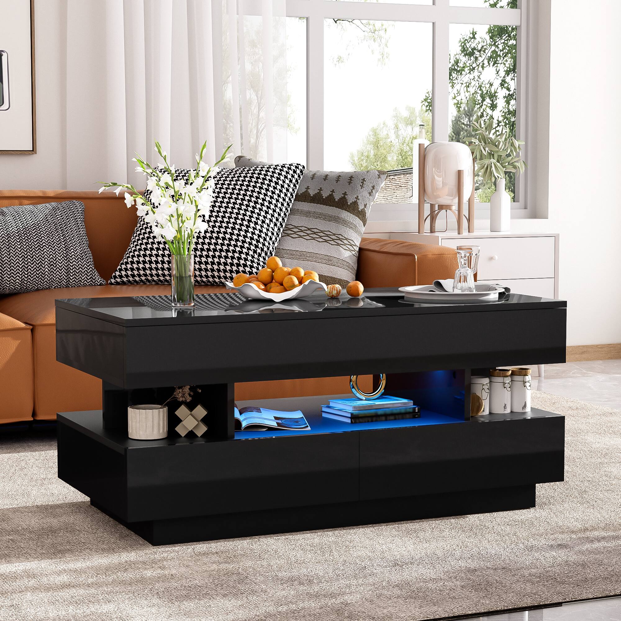 Left. Bestier - Lift Top Coffee Table with Storage, Modern LED Lighted Coffee Table with 2 Drawers and Open Shelf for Living Room - Black.