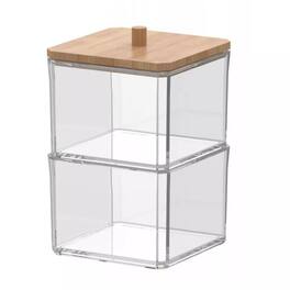 Elle - Acrylic Q tip Dispenser with Bamboo Lid, 2 Tier Stackable Square Cotton Swab & Ball Organizer for Bathroom or Vanity - Clear/Natural Bamboo