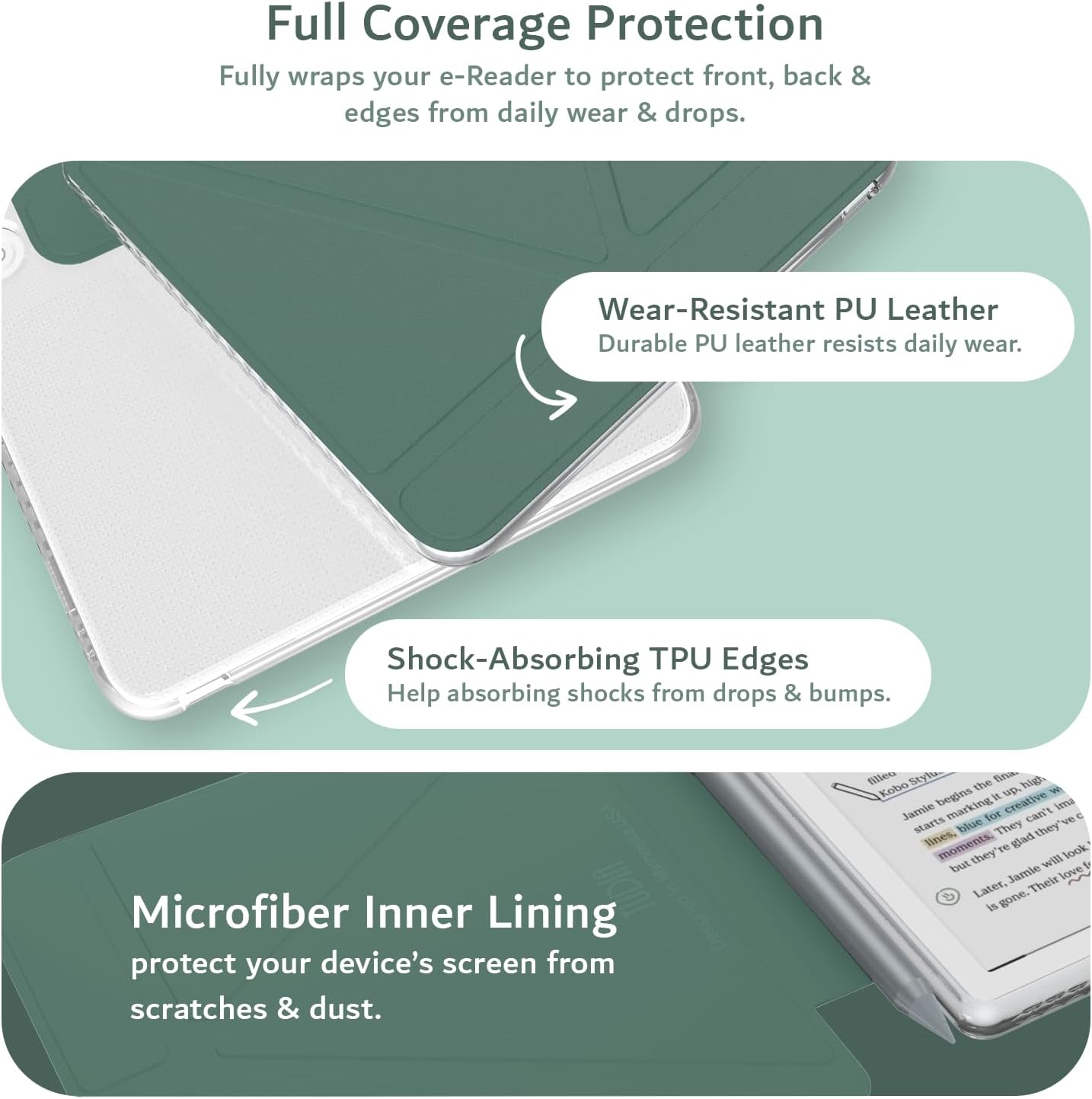 Full Coverage Protection  
Fully wraps your e-Reader to protect front, back & edges from daily wear & drops.

Wear-Resistant PU Leather  
Durable PU leather resists daily wear.

Shock-Absorbing TPU Edges  
Help absorbing shocks from drops & bumps.

Microfiber Inner Lining  
Protect your device's screen from scratches & dust.