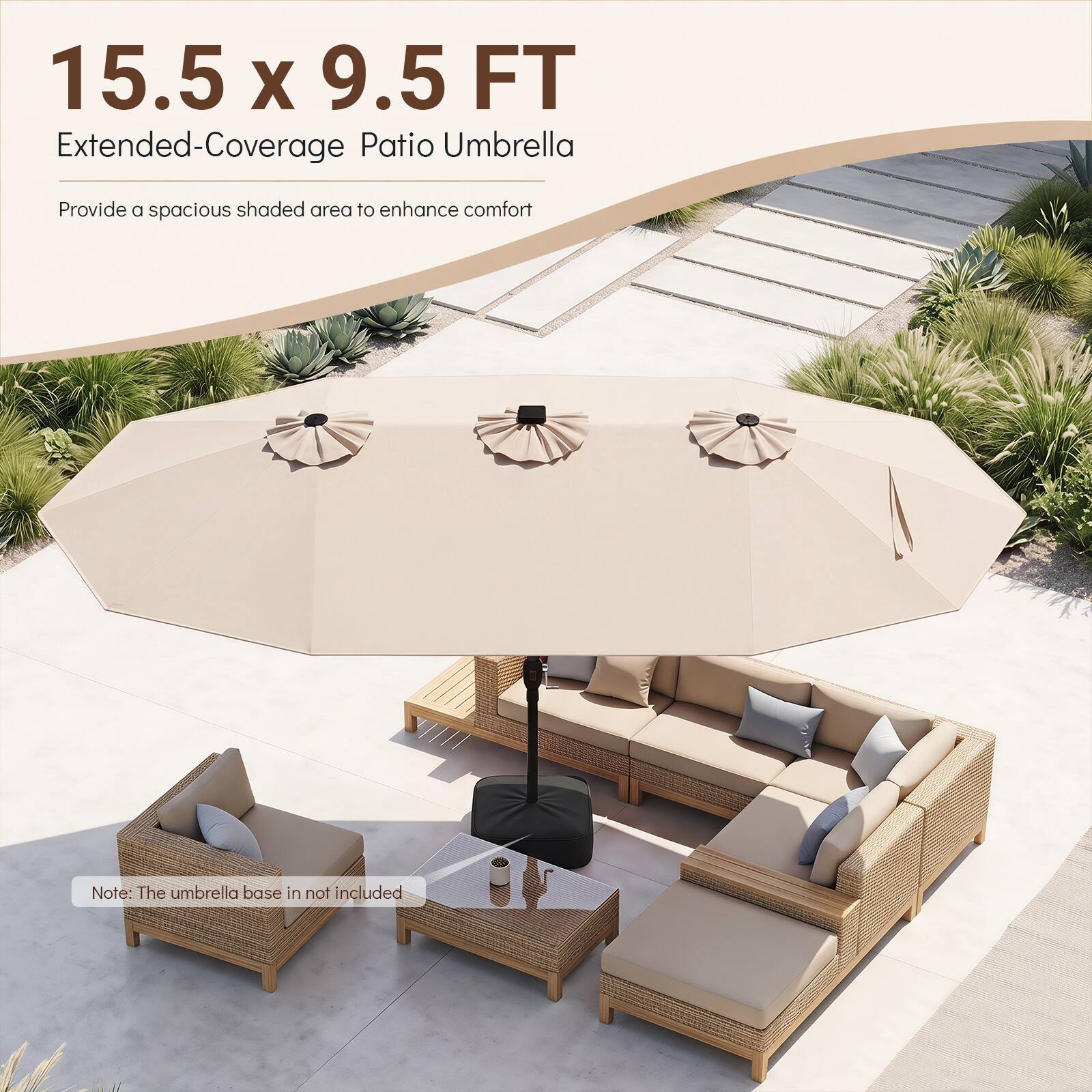 15.5 x 9.5 FT Extended-Coverage Patio Umbrella

Provide a spacious shaded area to enhance comfort

Note: The umbrella base is not included