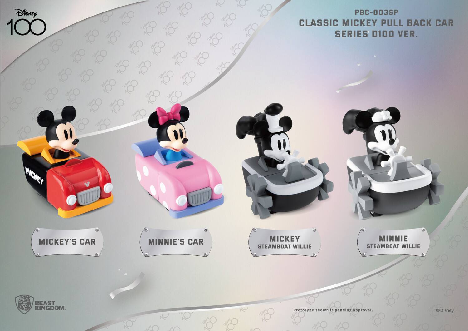 Disney 100 PBC-003SP Classic Mickey Pull Back Car Series D100 Ver. Mickey's Car, Minnie's Car, Mickey Steamboat Willie, Minnie Steamboat Willie. Beast Kingdom. Prototype shown is pending approval. Disney.