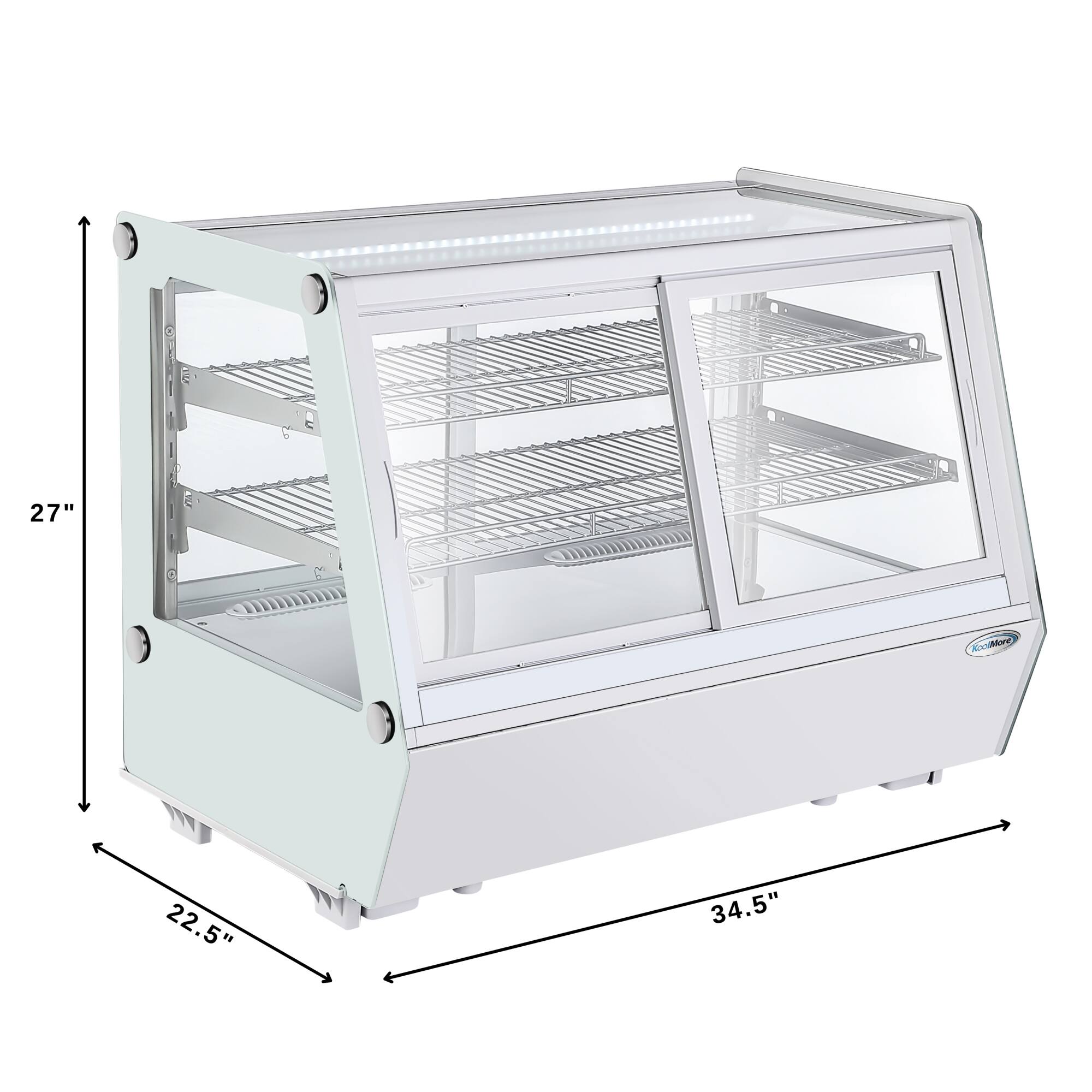 The image features a white refrigerator with a freezer section on top. The refrigerator measures 27 inches in height, 22.5 inches in width, and 34.5 inches in depth. The freezer section is 27 inches high and 22.5 inches wide.