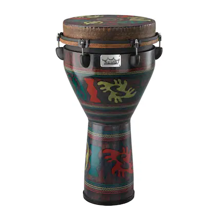 Front. Remo - 12-inch Mondo Djembe Drum with Acousticon Shell and Skyndeep Drumhead - Adinkra Finish.