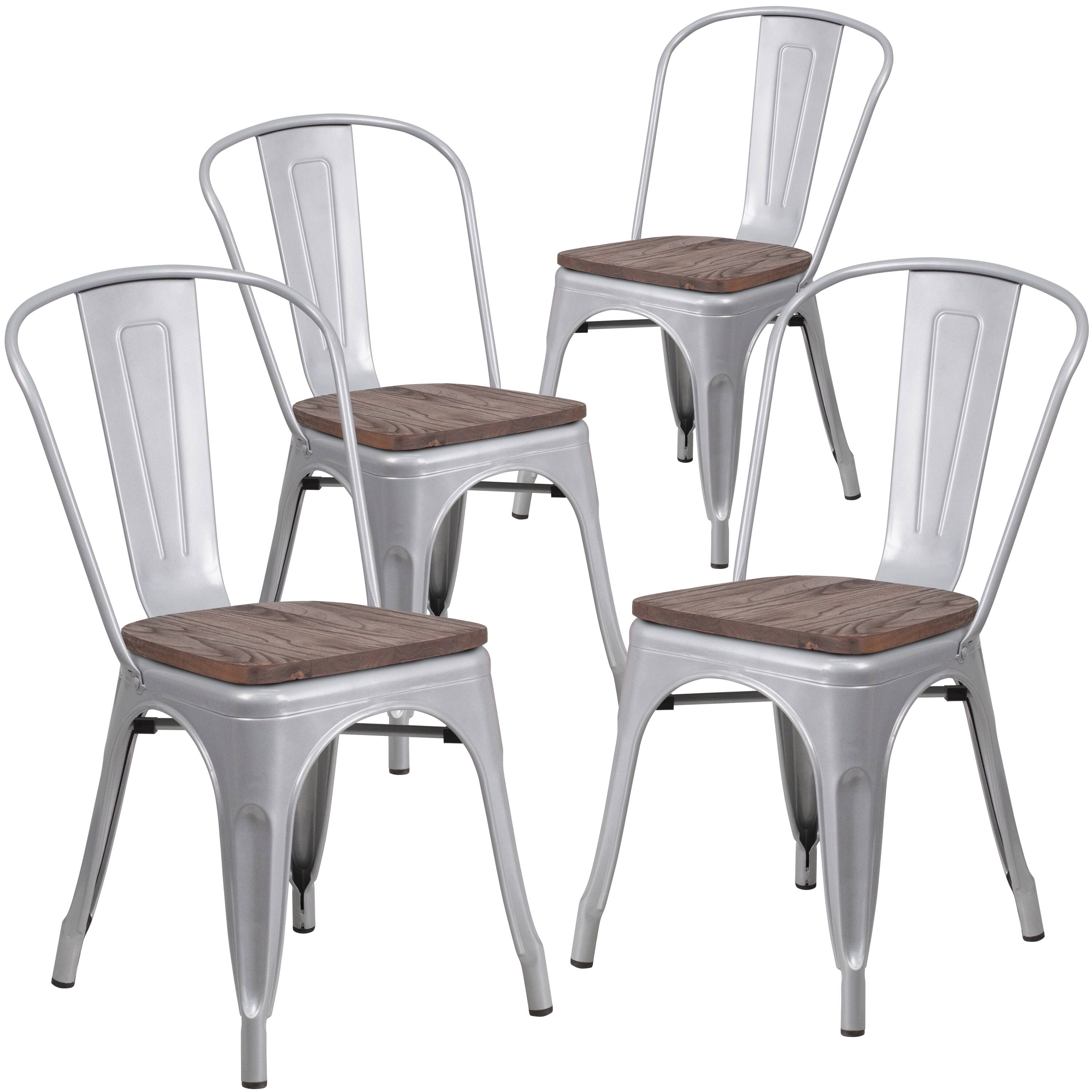 Alt View 1. Emma + Oliver - 4 Pack Metal Stackable Chair with Wood Seat - Silver.