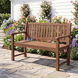 Costway - 2-Seater Outdoor Wooden Bench, Garden Loveseat Bench with Backrest, Armrests - Brown