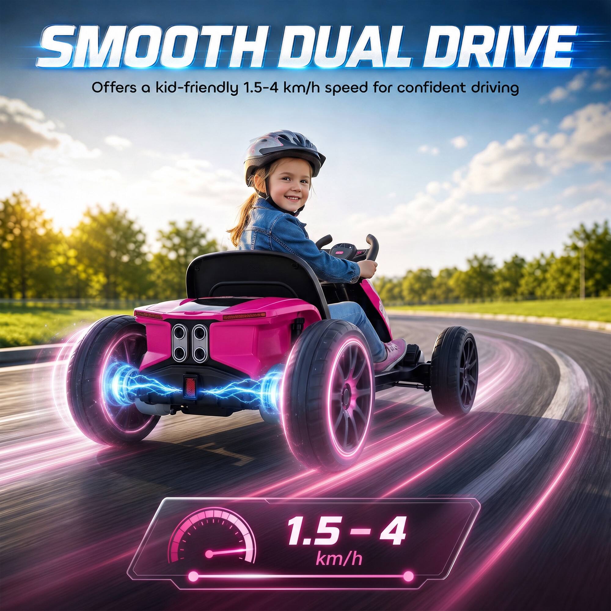 SMOOTH DUAL DRIVE  
Offers a kid-friendly 1.5-4 km/h speed for confident driving  
1.5-4 km/h
