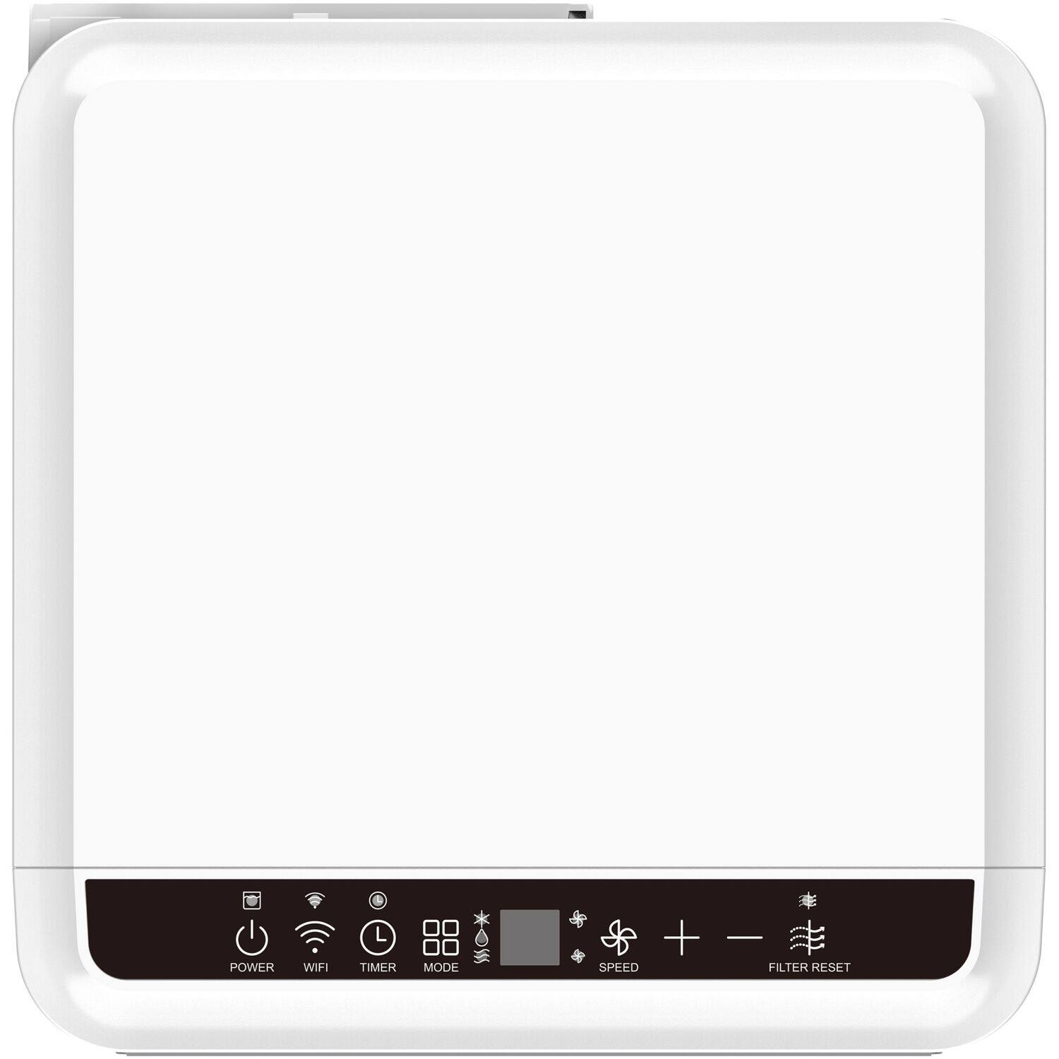 The image shows a white appliance with a black screen displaying various icons, including a power button, wifi, timer, mode, speed, filter, and reset.