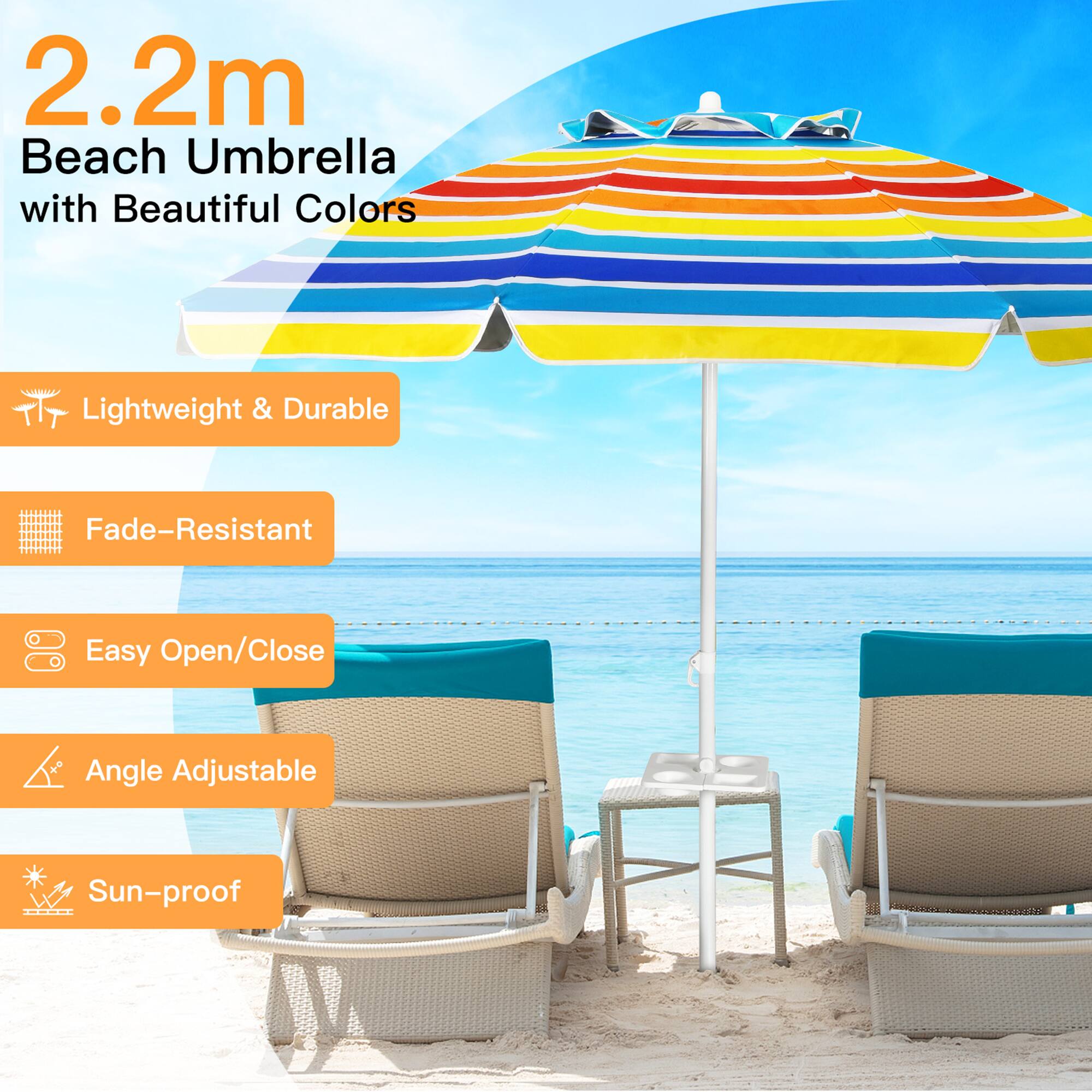 2.2m Beach Umbrella with Beautiful Colors

- Lightweight & Durable
- Fade-Resistant
- Easy Open/Close
- Angle Adjustable
- Sun-proof